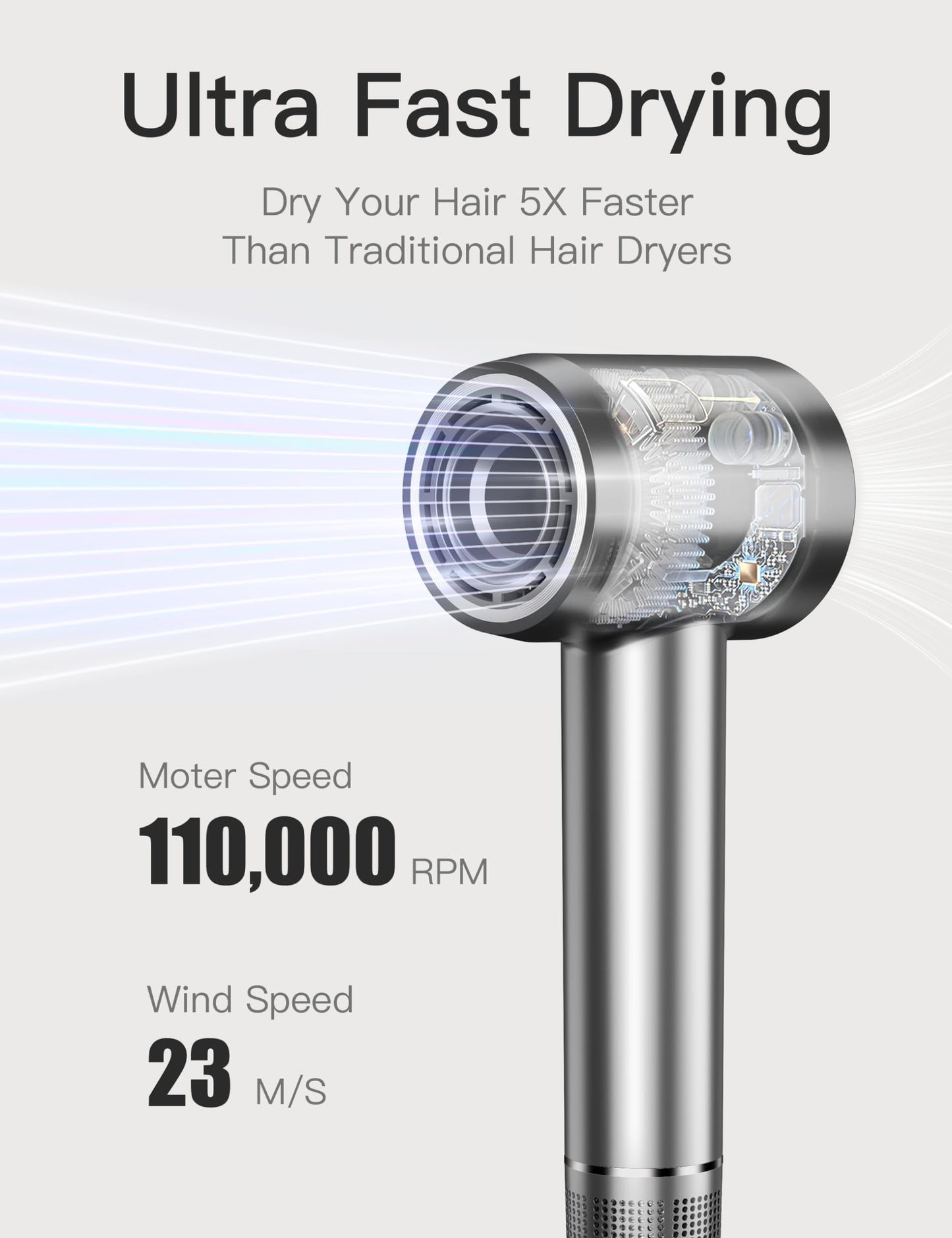 Fezax Negative Ionic High-Speed Hair Dryer with 11,0000 RPM Brushless Motor for Fast Drying, Professional Blow Dryer with Diffuser and Nozzle, Low Noise Hairdryer for Salon Home Travel, Black