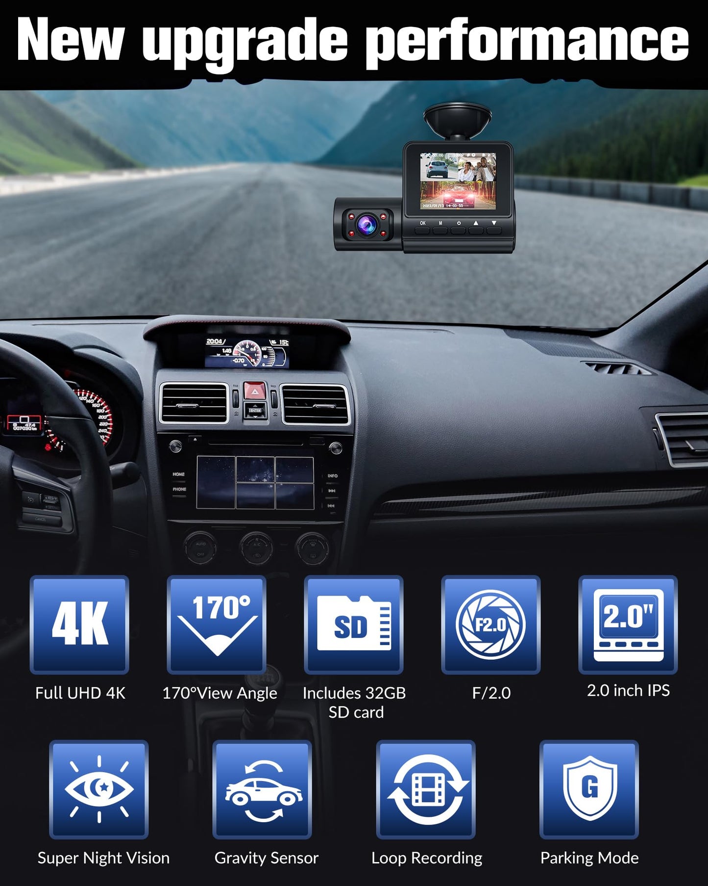 Dash Camera for Cars,4K Full HD Dash Cam Front and Rear Inside, Dashcam with Night Vision with Free 32GB Card,Built-in Loop Recording,Accident Lock,G-Sensor,WDR,24H Parking Monitor - (S6)