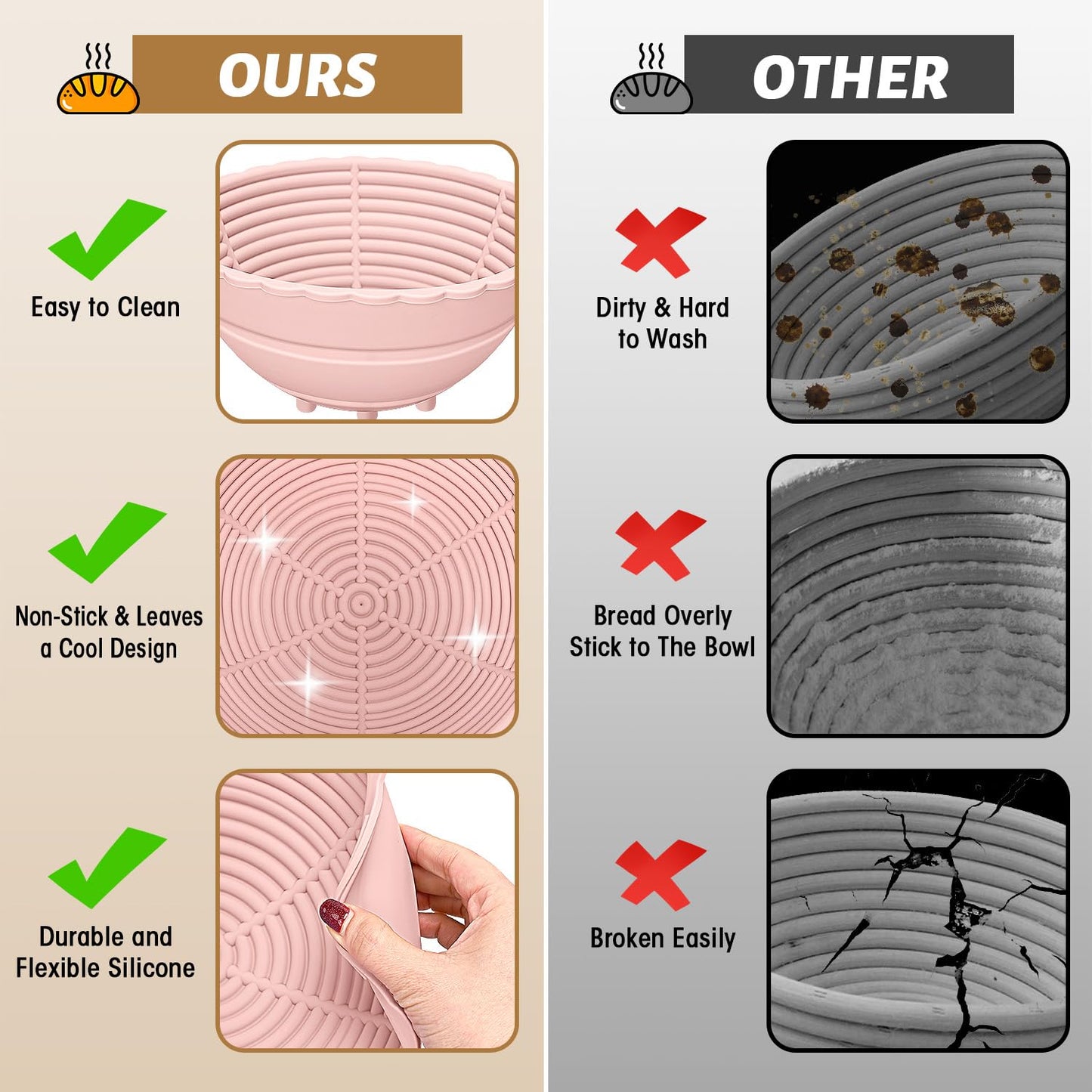 2Pack Bread Proofing Basket Banneton,Silicone Sourdough Bread Baking Baskets,9 Inch Collapsible Proofing Bowl Supplies Set Tool Kit Foldable for Bread Making Sourdough-Beige (Pink+Purple)