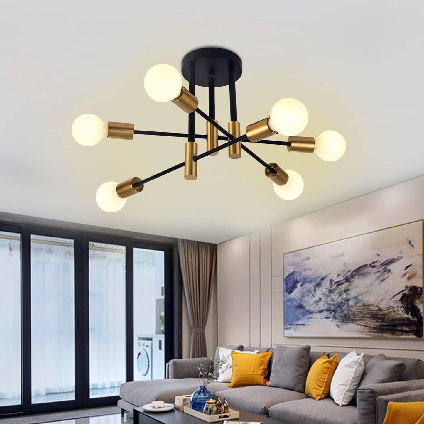 Sunwish Modern Sputnik Chandelier, 6-Light Mid Century Black Gold Chandeliers Ceiling Light Fixture, Sputnik Light Fixture for Dining Room Living Bedroom Kitchen, E26 Base(Bulbs Not Included)