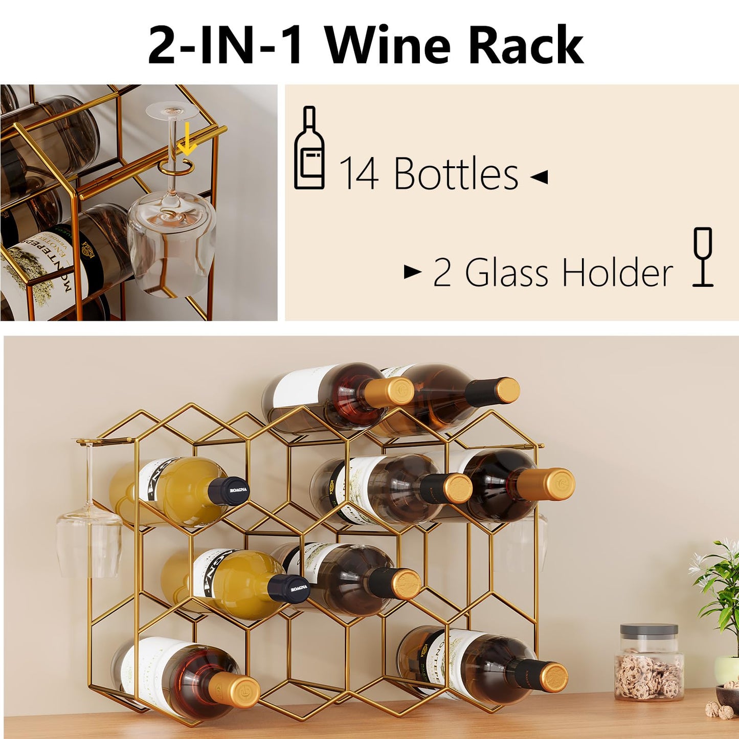 Countertop Wine Rack for 14 Bottles - Gold