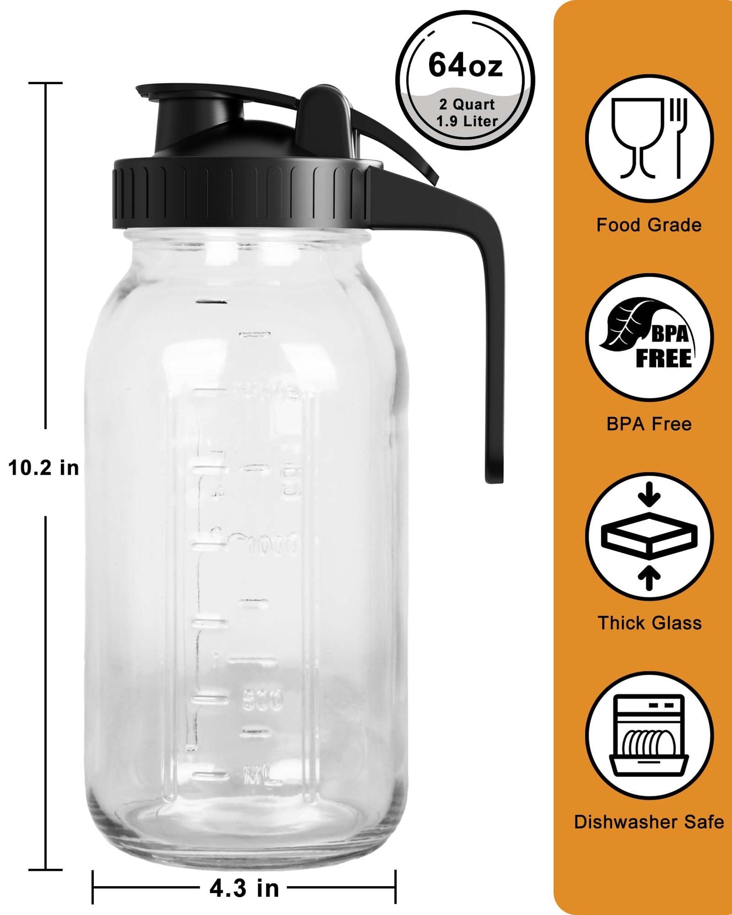 64 oz Glass Water Pitcher with Airtight Lid