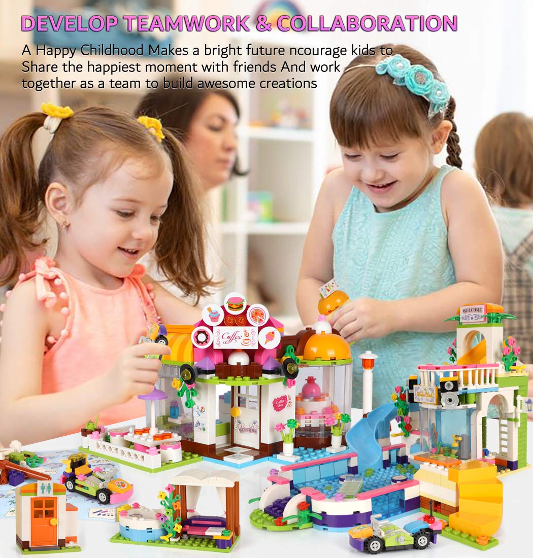 1140 Pieces Friends Summer Pool Party Coffee House Building Kit, STEM Creative Friends House Building Blocks with Storage Box, Fun Building Toys Gift for Kids, Girls and Boys 6+ Year Old