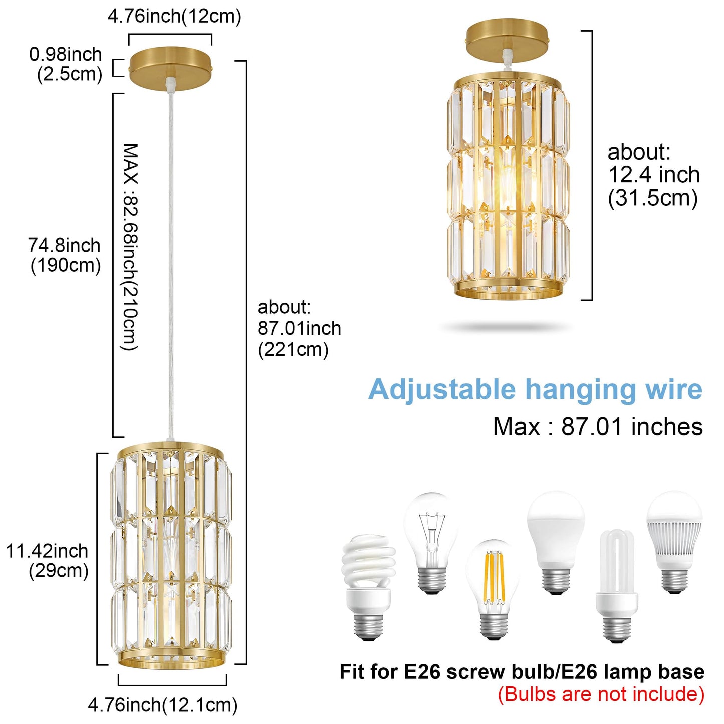 Biewalk Adjustable Crystal Pendant Light Fixture