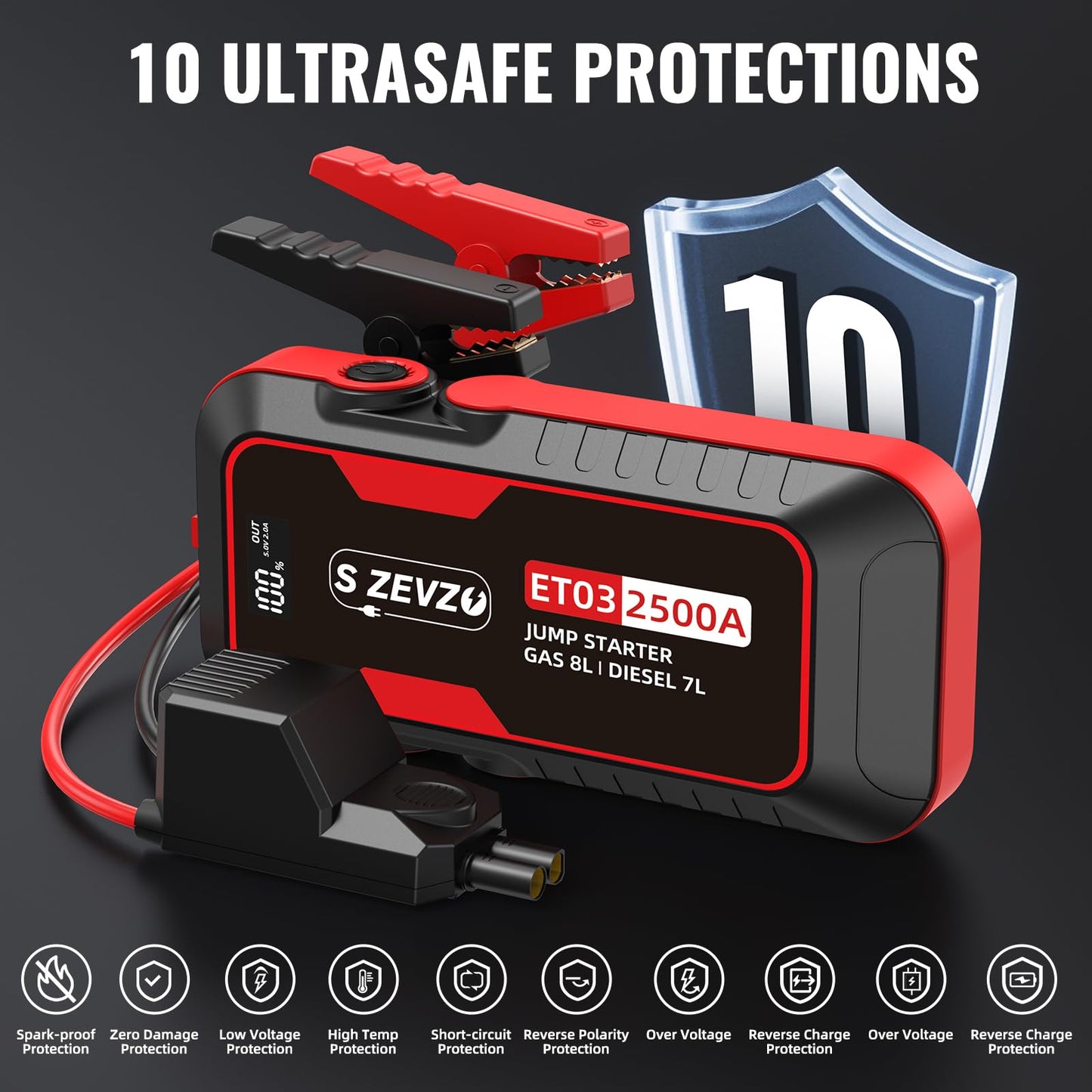 2500A Car Jump Starter with USB and LED Light