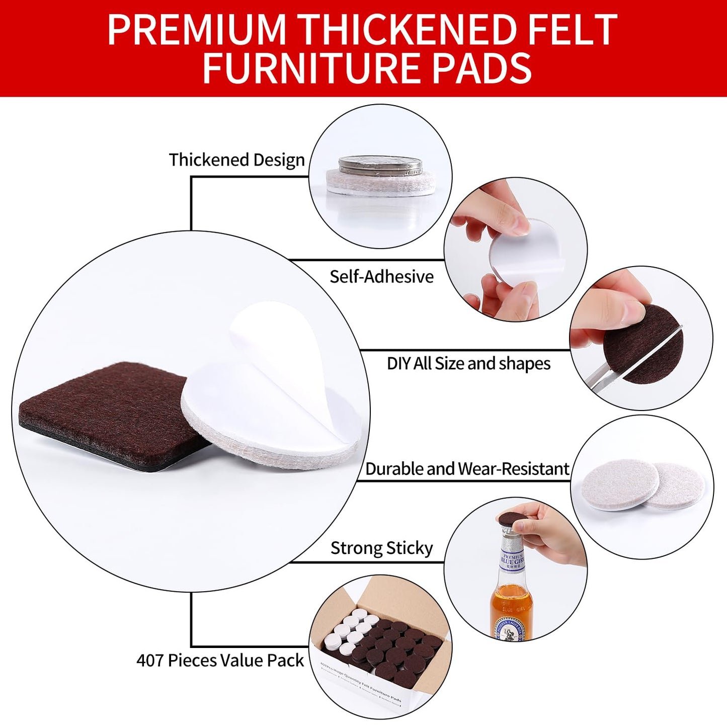 Felt Furniture Pads for Hardwoods Floors, 407 PCS Self Adhesive Felt Pads for Chairs, Cuttable Anti-Scratch Furniture Feet Floor Protectors for Chair Sofa Bed Table Cabinet (Brown & Beige)