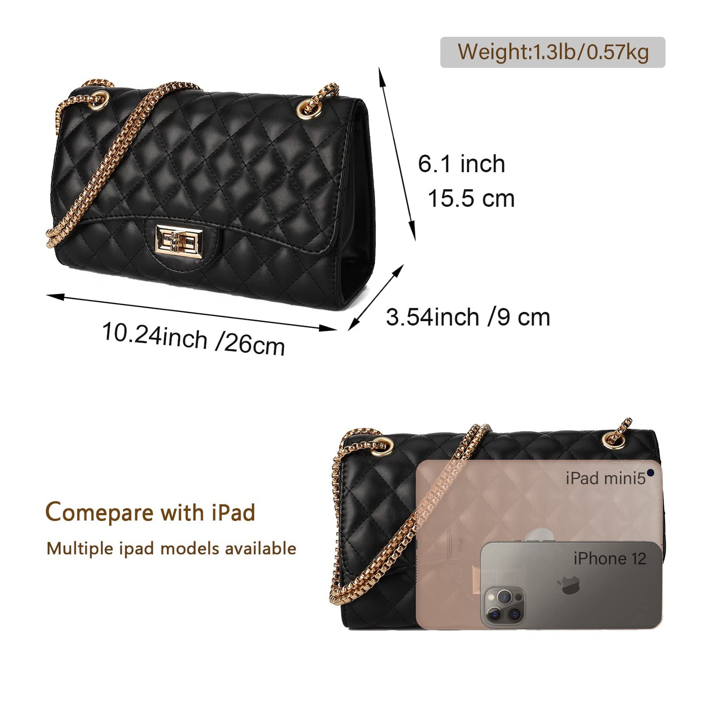 Gladdon Quilted Crossbody Purse for Women Trendy Ladies Shoulder Bag with Chain Designer Purses Black I