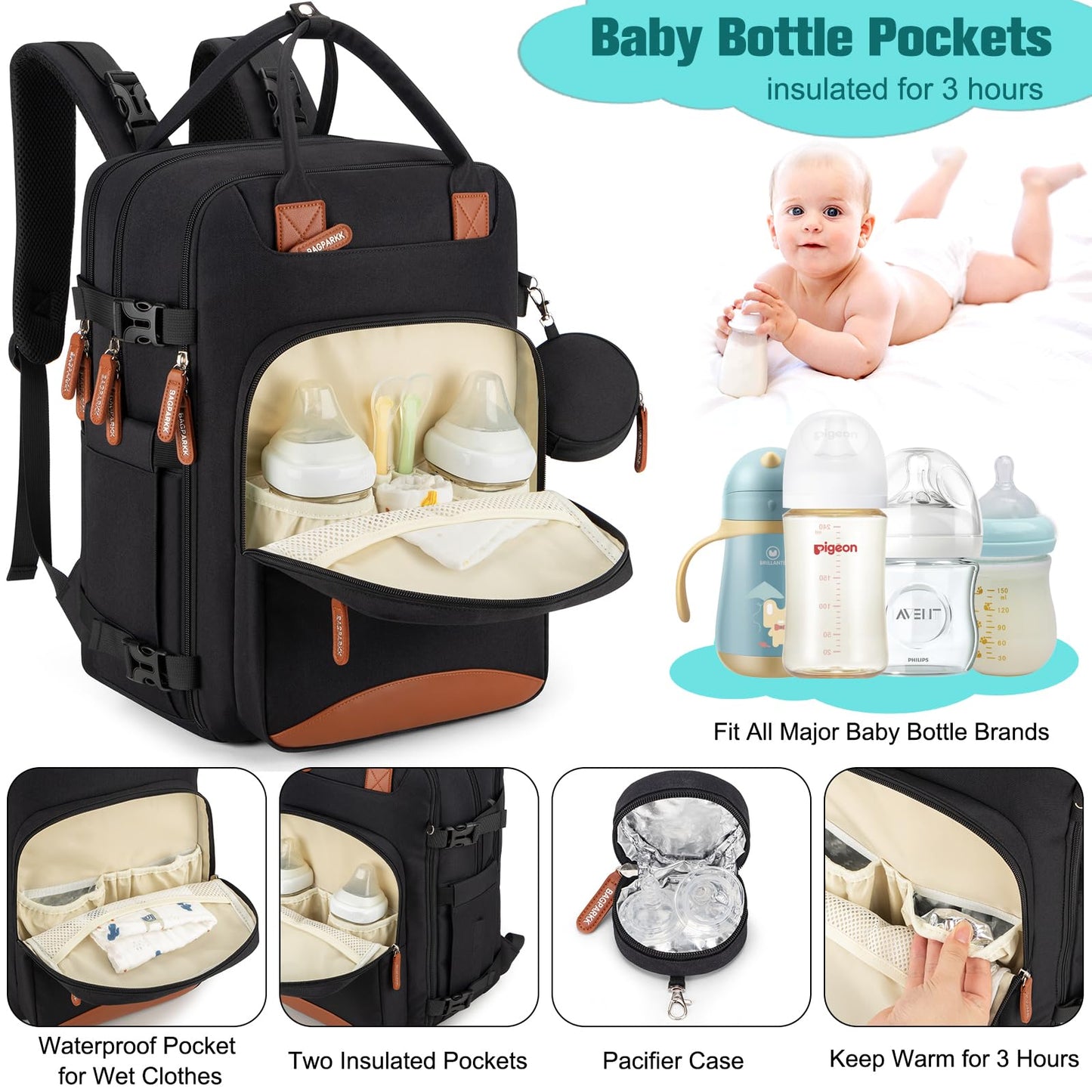 Diaper Bag Backpack,BAGPARKK Multi function Baby Bag with Portable Changing Pad, Pacifier Holder,Waterproof Diaper Bags with USB Charging Port,Anti-Theft Travel Backpack for Mom, Dad, Newborn (Black)