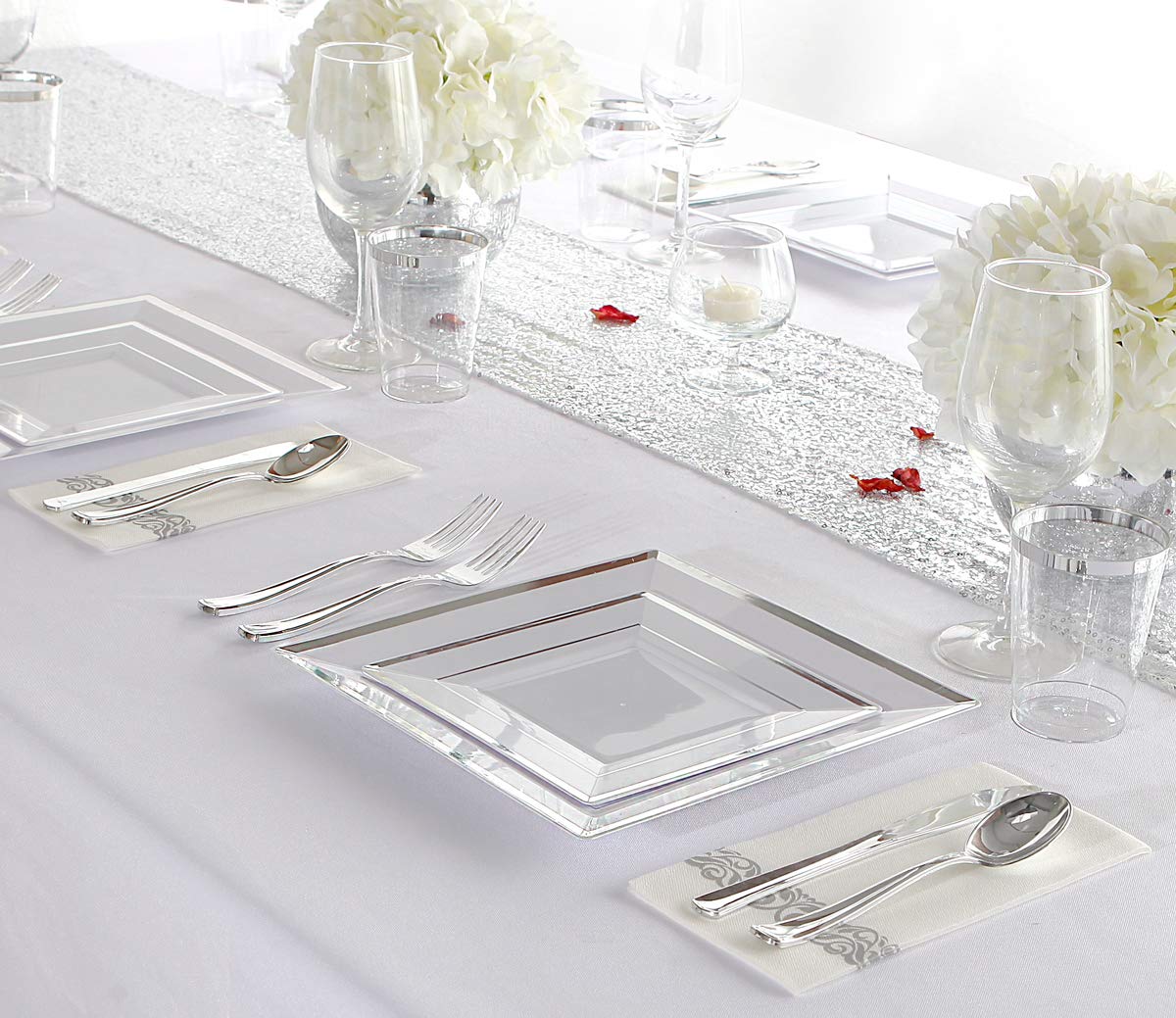 I00000 175PCS Silver Plastic Plates, Disposable Silverware, Napkins & Cups, Silver Square Dinnerware Include 25 Dinner Plates, 25 Salad Plates,25 Forks,25 Knives,25 Spoons,25 Tumblers, 25 Guest Towels