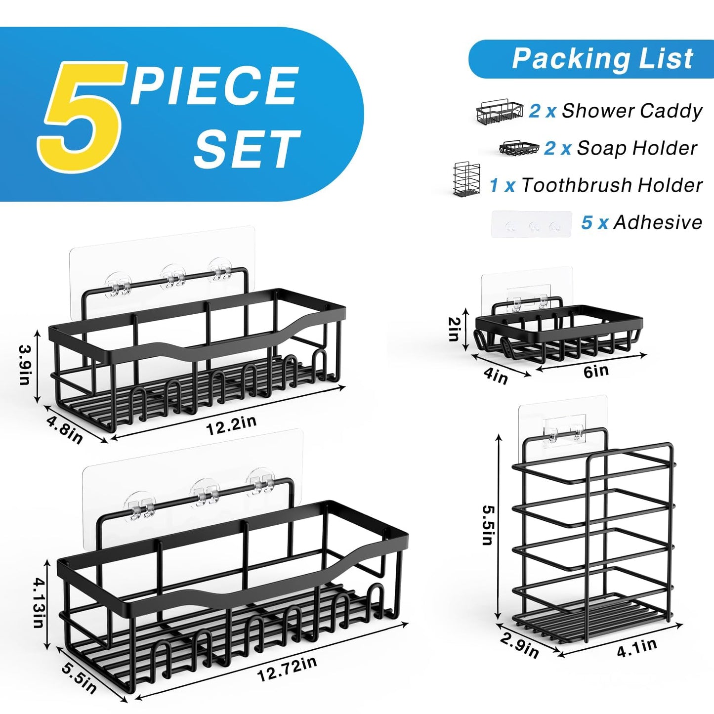 5 Pack Adhesive Shower Caddy for Bathroom Storage