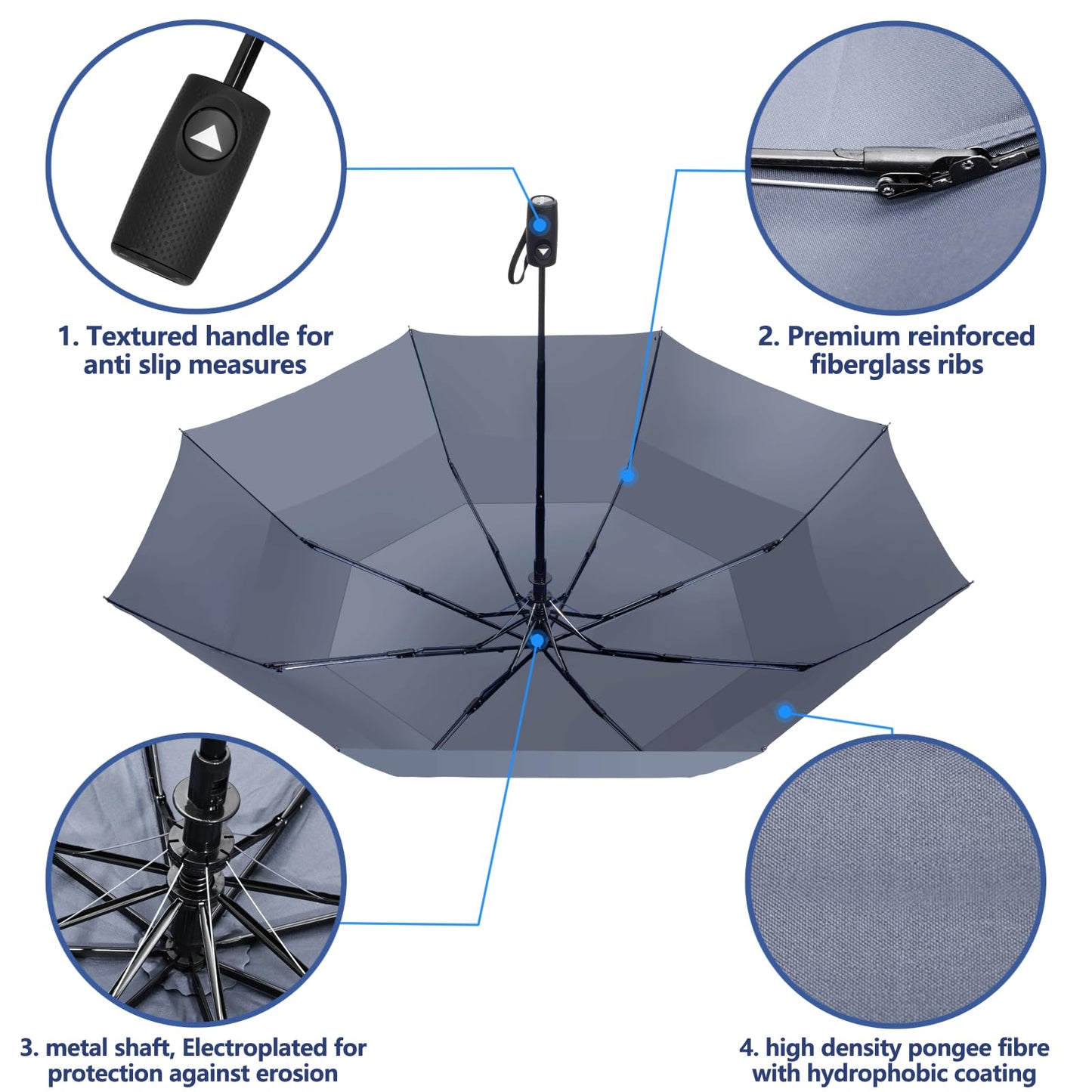 VELLUXE Portable Large Umbrella for Rain, Vented Windproof Double Umbrella, Foldable Golf Umbrella, Compact Travel Umbrella, Automatic Umbrella for adults, Grey Umbrella