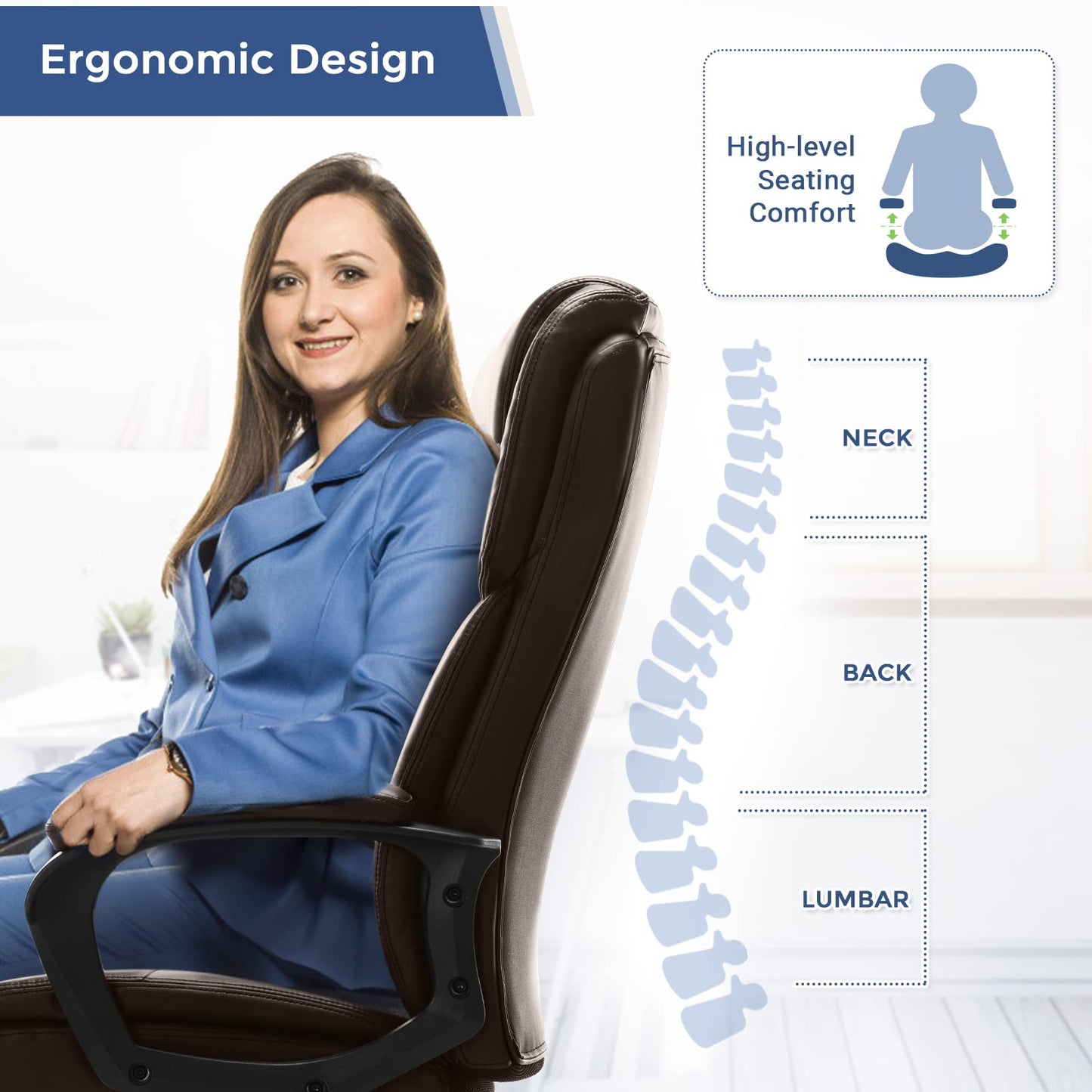 ZUNMOS Home Office Executive Desk High Back Computer Adjustable Height and Swivel Task Lumbar Head Support Chair, Leather Brown
