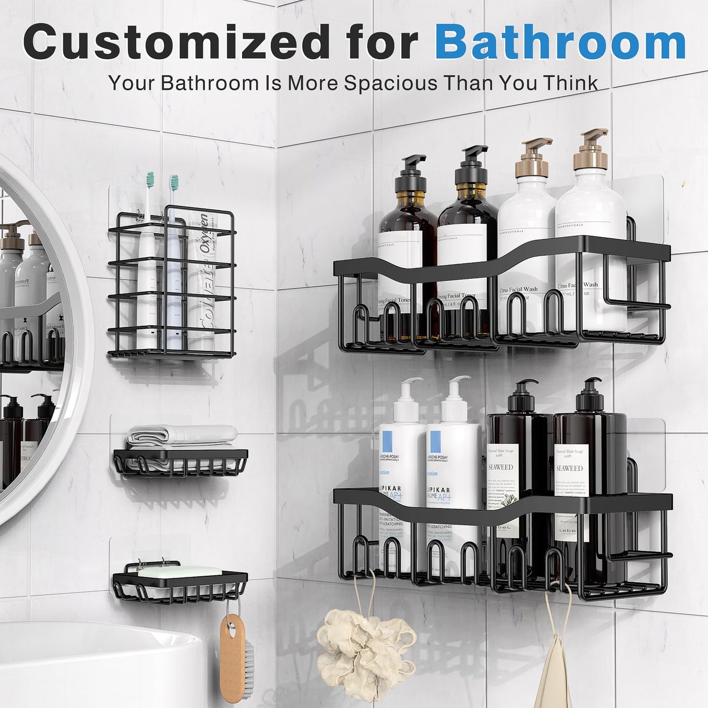 5 Pack Adhesive Shower Caddy for Bathroom Storage