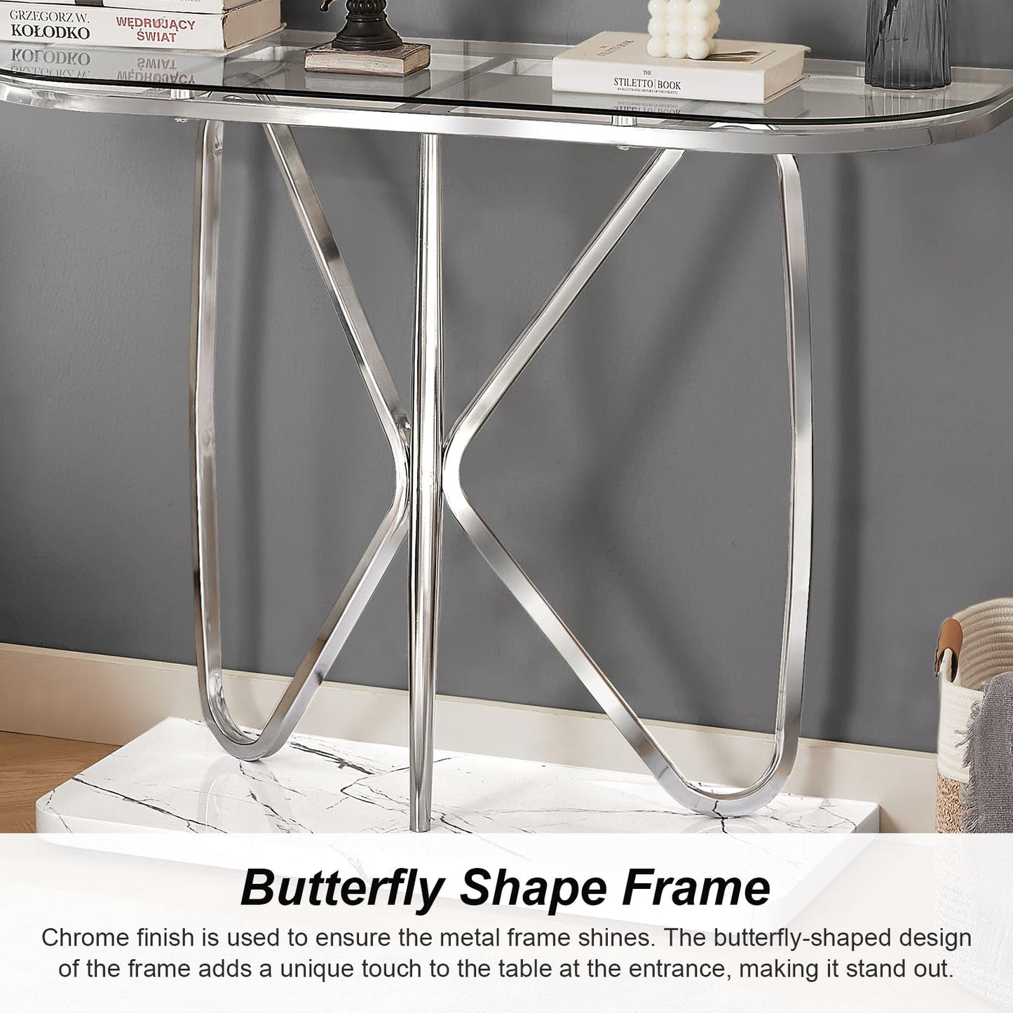 HOMISSUE Console Table, Modern Console Table with Tempered Glass Top and Chrome Frame, Glass Entryway Table with Marbling MDF Base, Chrome Console Table for Entryway, Hallway, Living Room (Silver)