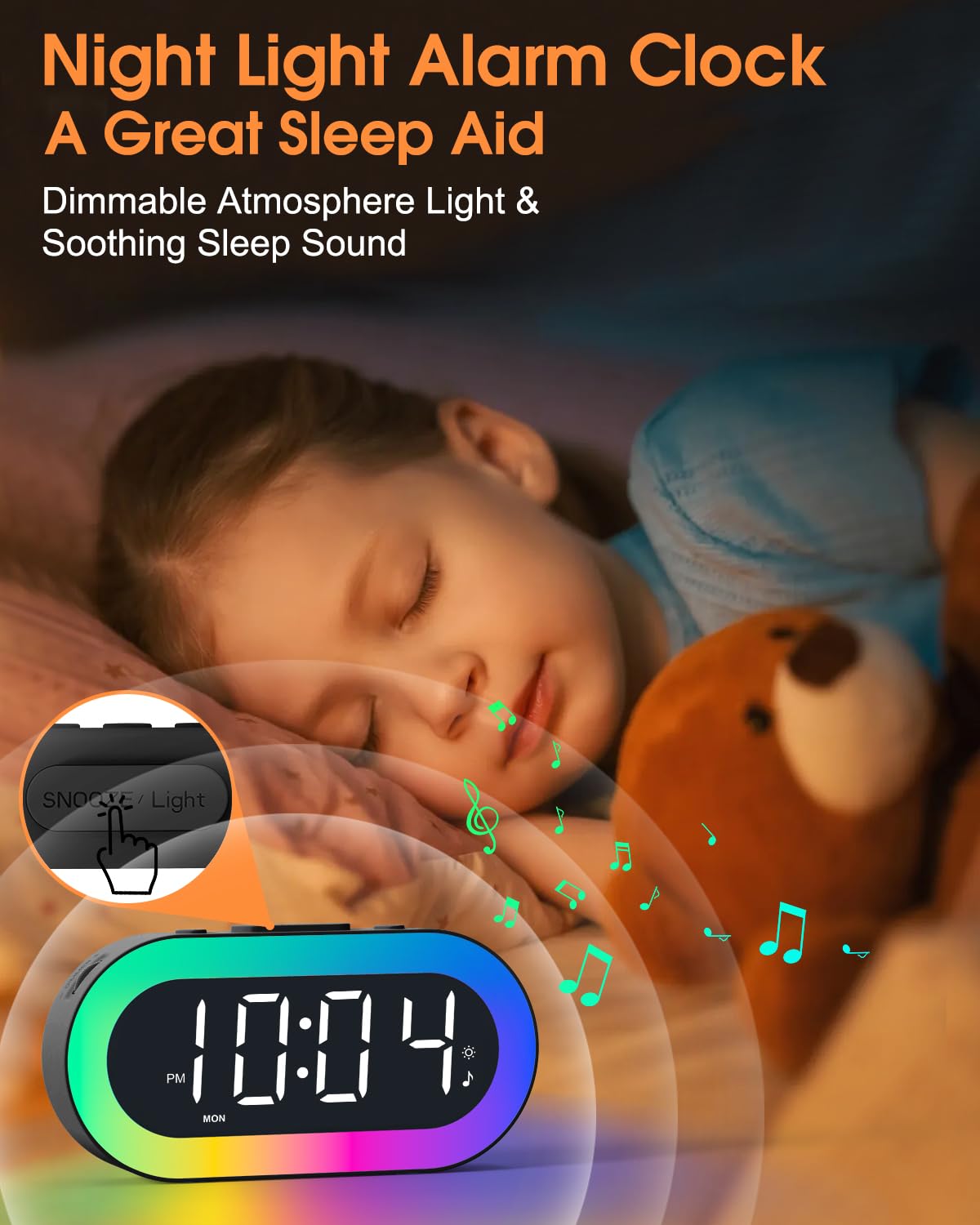Alarm Clocks for Bedrooms, Desk Digital Clock Large Display, 7 Colors Night Light, USB Ports, Timer, Dimmer, Sound Machine, Customize Alarm, Small Alarm Clock for Bedside Adults Teens Kids Boys Girls