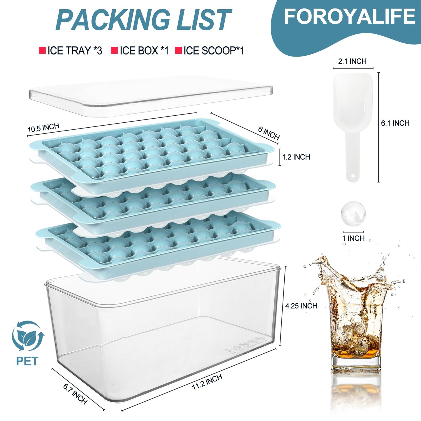 Ice Cube Tray, 3 Packs Round Ice Cube Trays for Freezer, Easy-Release 1 IN X 111 Pcs Ice Ball Maker Mold with Removable Lid and Bin Making Ice Balls for Tea Coffee Cocktail Whiskey (Blue)