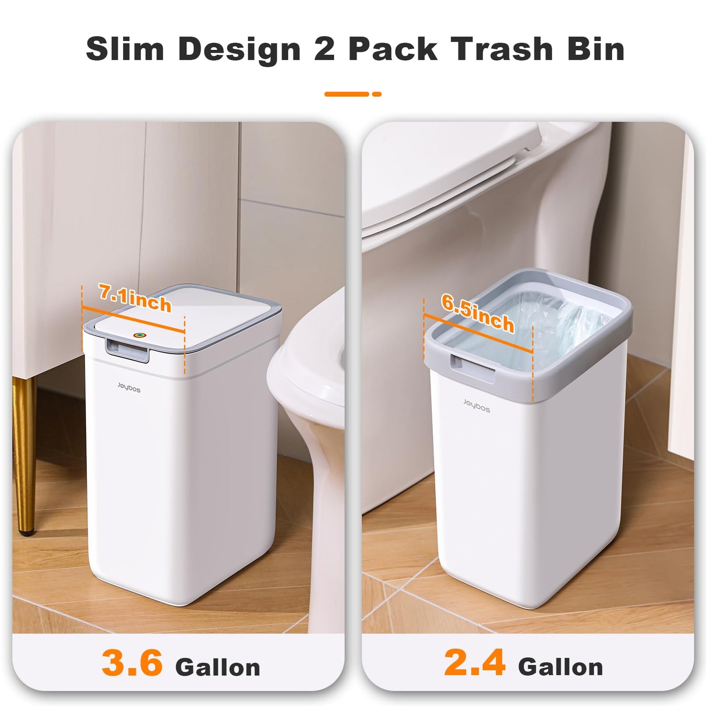 funest Bathroom Trash Can, 2 Pack Small Trash Can, S02 Plastic Waste Basket for Bedroom, Narrow Trash Bin for Home and Office, 3.6 Gal (Press top lid) + 2.4 Gal (Open lid)