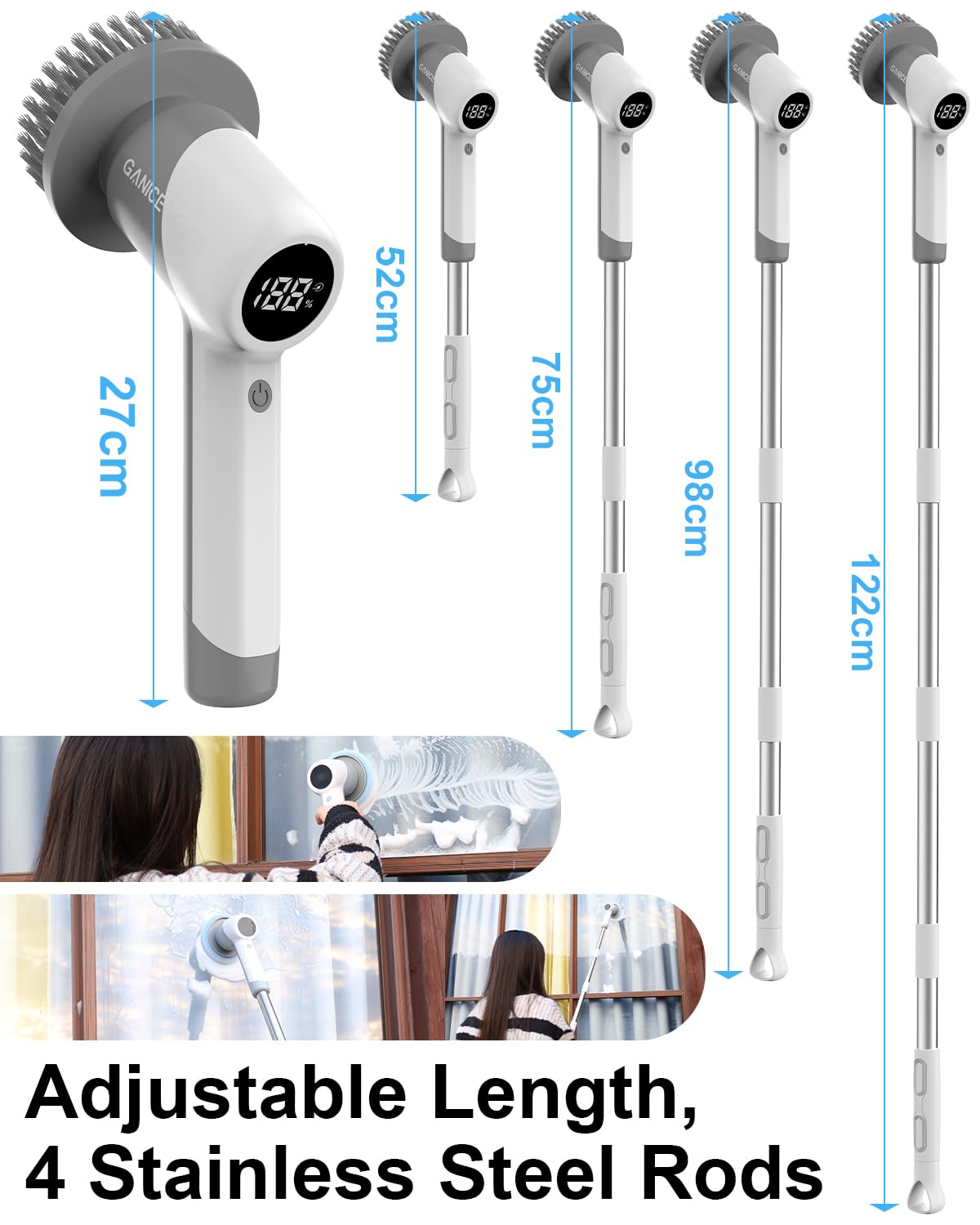 Electric Spin Scrubber, Cordless Shower Scrubber with 6 Replaceable Brush Heads, 2 Adjustable Speeds, and Adjustable Extension Handle, Spin Brush for Cleaning Bathroom Kitchen Floor Tile Tub (Grey)