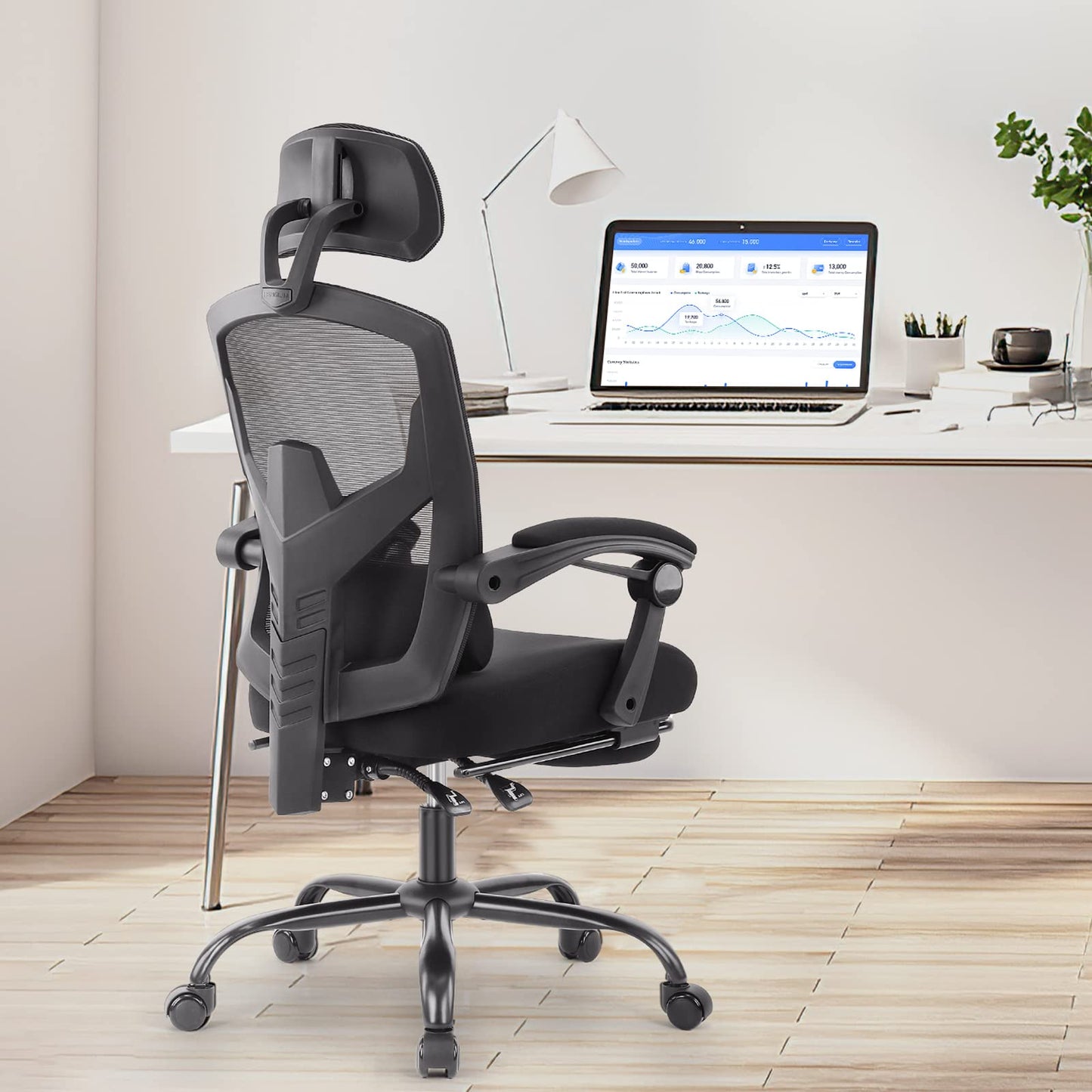 AFO Ergonomic Office Chair, High Back Office Chair with Lumbar Pillow & Retractable Footrest, Mesh Office Chair with Padded Armrests and Adjustable Headrest, Height Adjustable, Dark Black (WY-9053-BK)