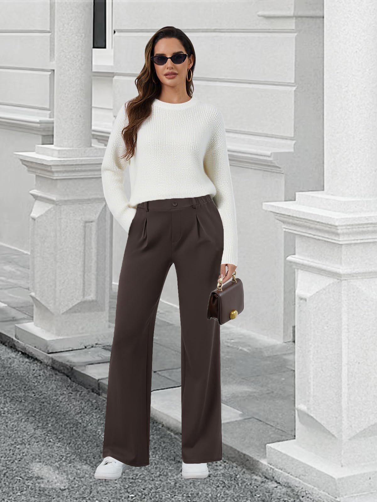 COPYLEAF Womens Dress Pants Wide Leg Stretchy Work Pants with Pockets Elastic Waist Pleated Front Business Casual Slacks(Brown M)