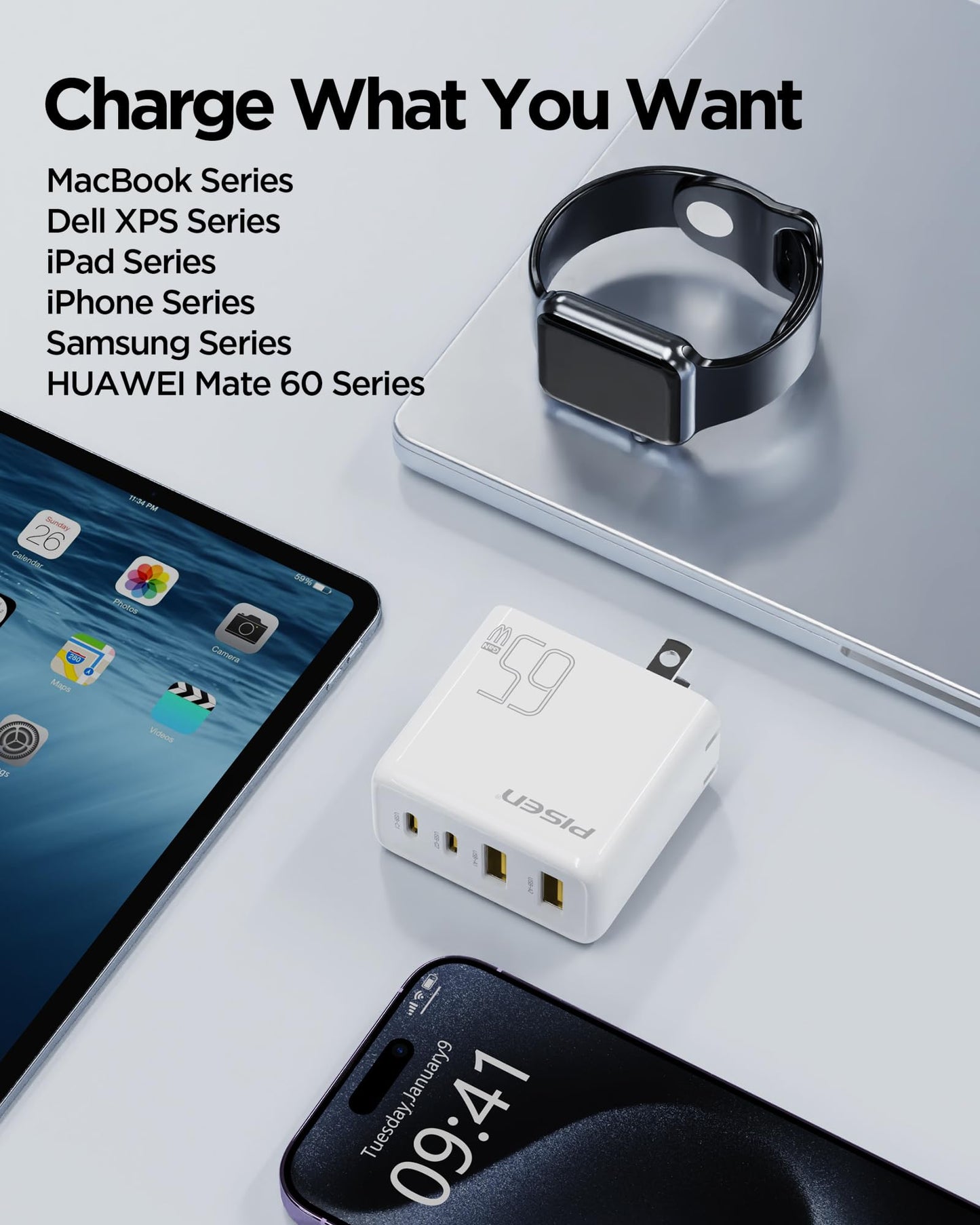 65W PISEN USB-C Fast Charger with 4FT Cable