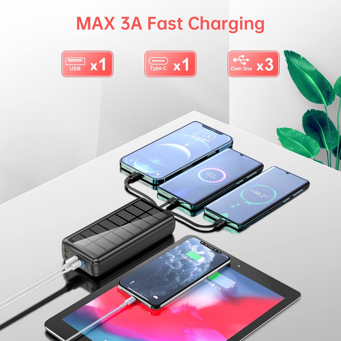 boogostore Portable Charger with Built in Cable and Wall Plug 50000mAh PD30W Fast Charging Solar Power Bank with 5 Output & 2 Input Dual LED Flashlights Phone Holder External Battery Pack (Black)