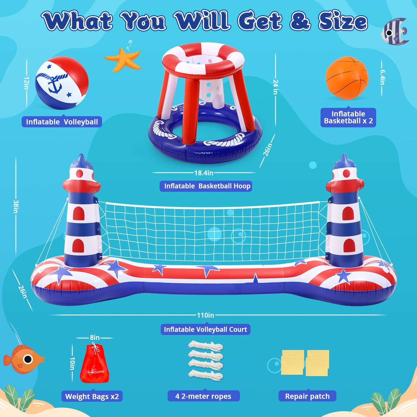 Inflatable Pool Float Set with Volleyball & Basketball