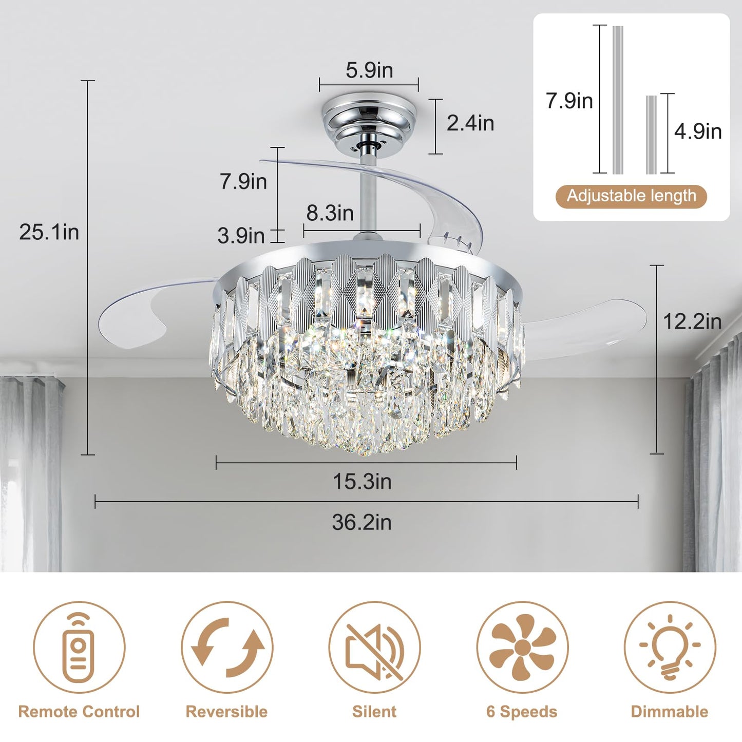 36in Retractable Ceiling Fan with Light