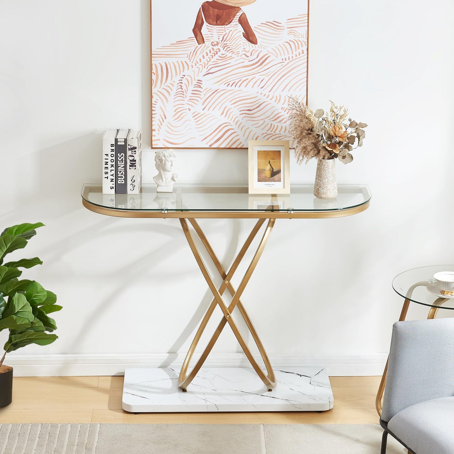 HOMBAZAAR Modern Entryway Table, Glass Entrance Sofa Table with Oval Frames and Marbling MDF Base, Chrome Glass Console Table for Living Room, Entryway, Hallway, Bedroom,(Gold,Clear Glass)