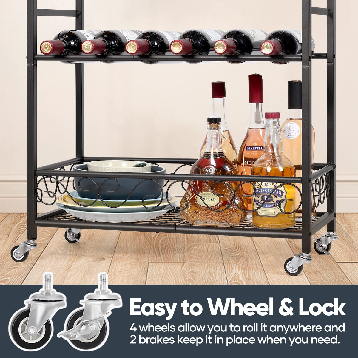 melos Bar Cart, Home Bar Serving Cart, Rolling Wine Cart with 3-Tier Shelf, Beverage Bar Cart with Wine Rack, Bar Cart with Wheels for Kitchen, Black