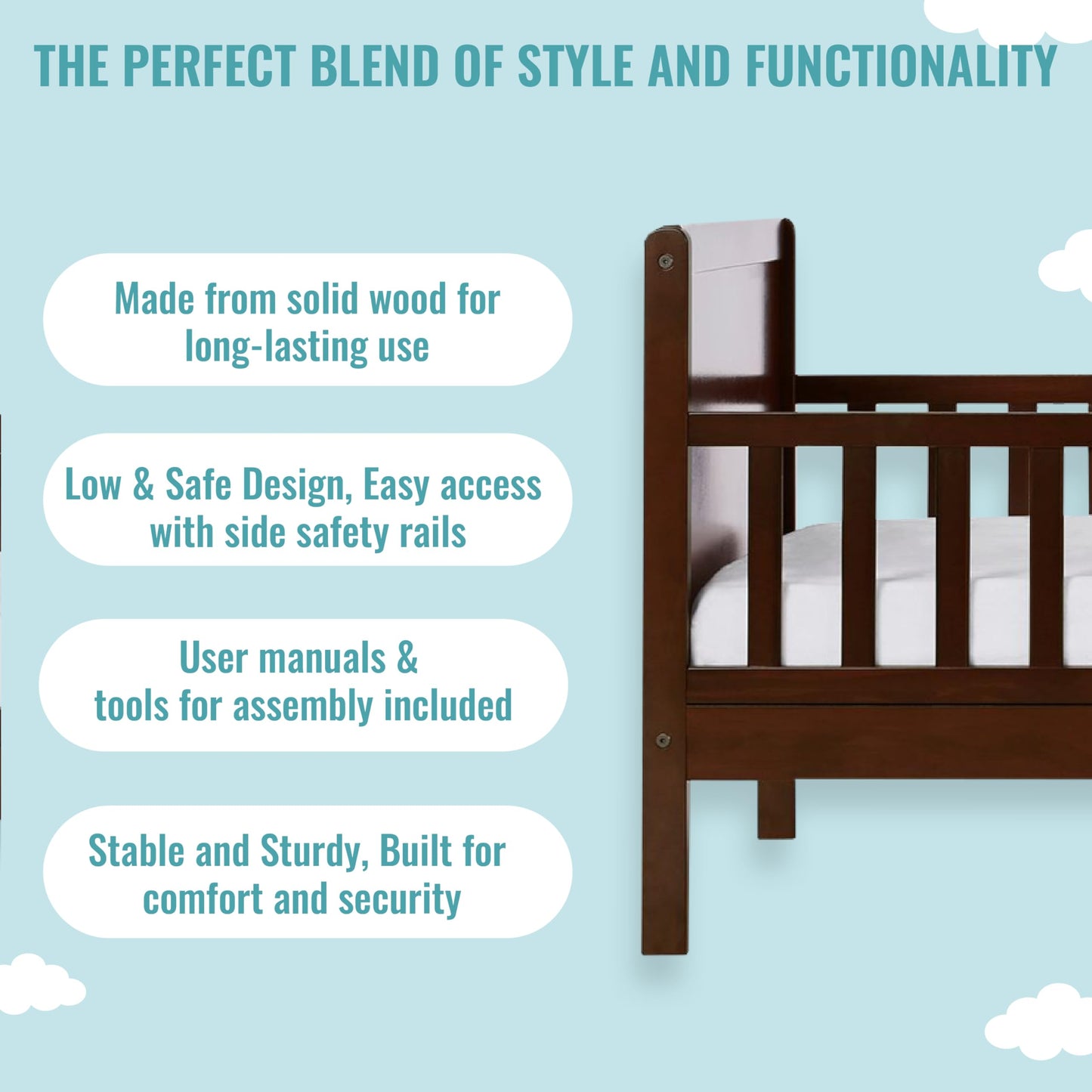 Dream On Me Brookside Toddler Bed In Espresso, Greenguard Gold Certified, JPMA Certified, Low To Floor Design, Non-Toxic Finish, Safety Rails, Made Of Pinewood
