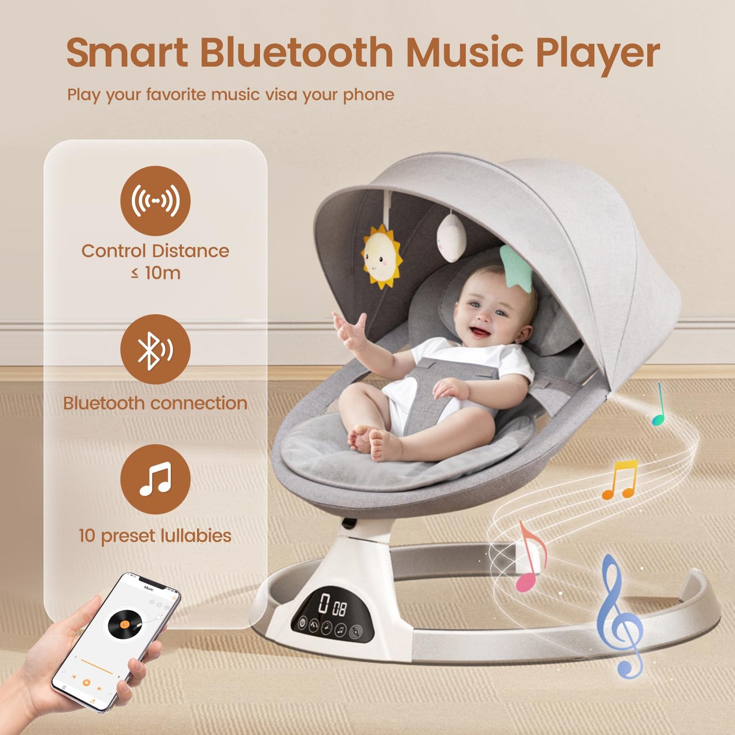 Electric Baby Swing with Bluetooth & Lullabies