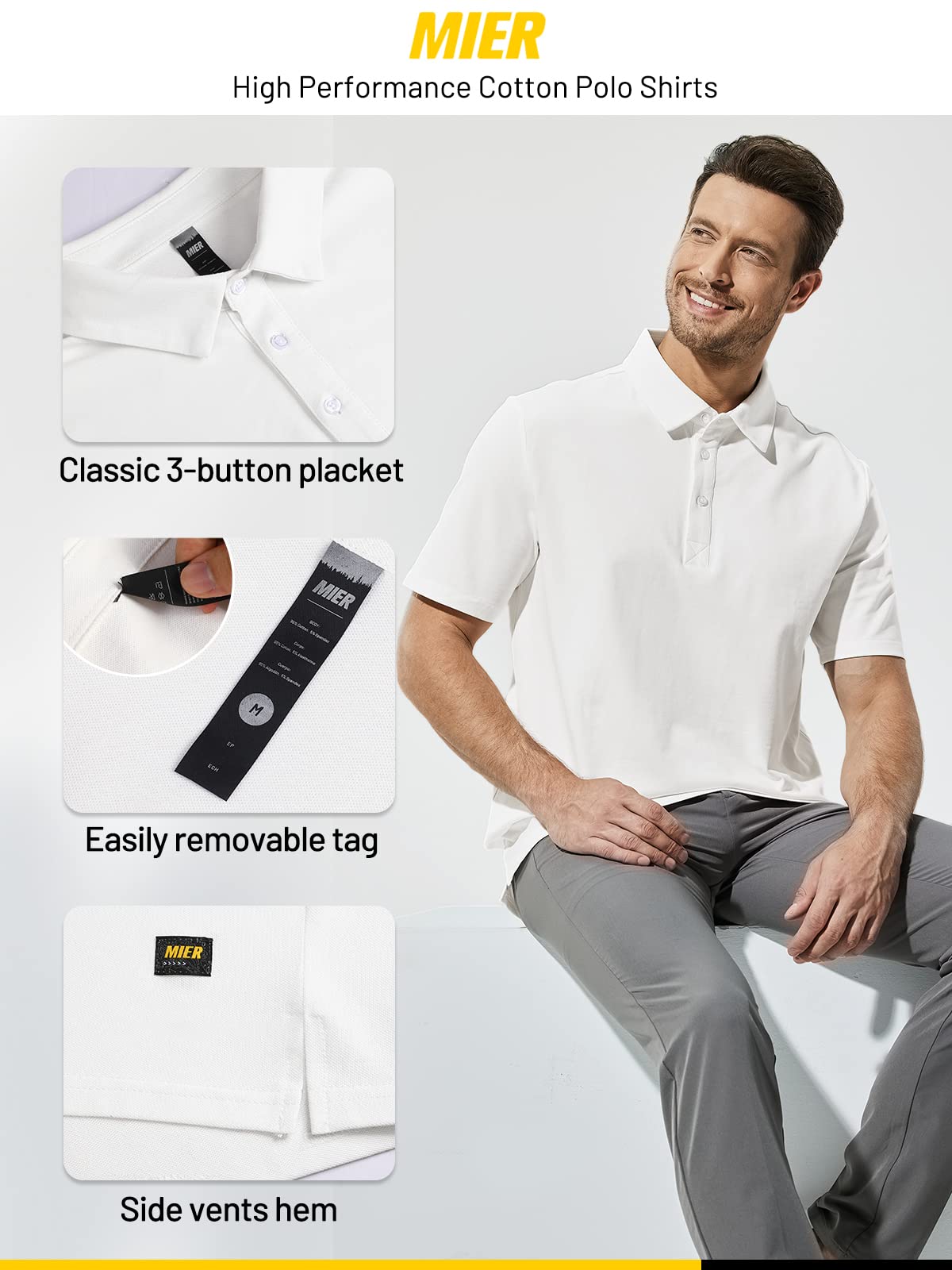 MIER White Polo Shirts for Men Short Sleeve Collared Shirts Cotton Pique Golf Polos T-Shirt, Classic Fit, L
