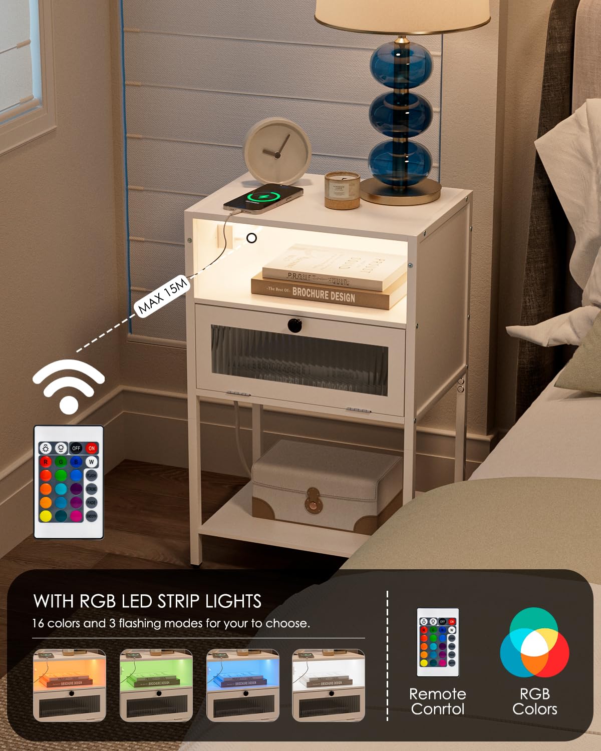 Masupu Nightstand with Charging Station and LED Lights, Bedside Table with Storage, Modern Side Table End Table with Glass Decorative Door for Bedroom, Living Room, White
