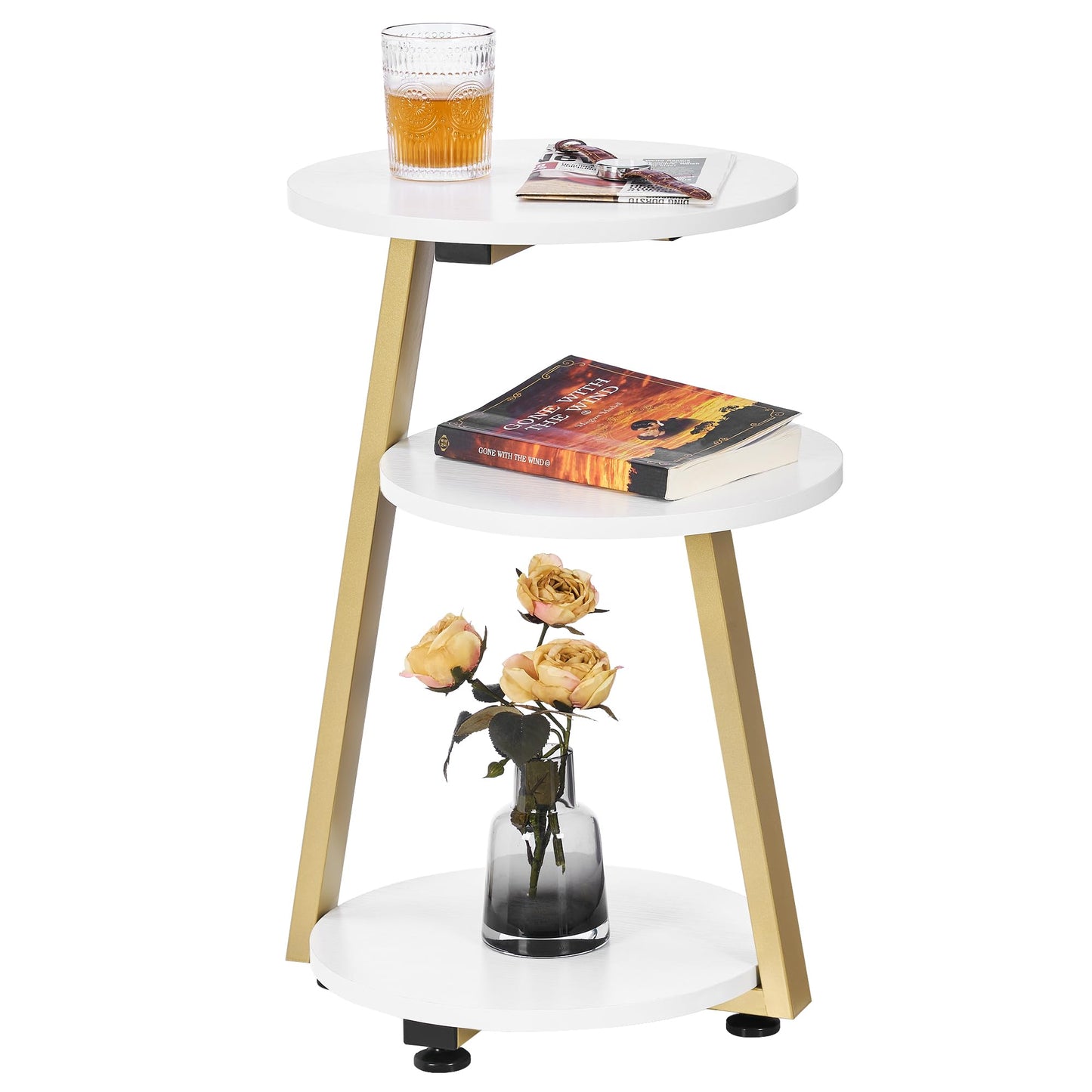 BEWISHOME Round End Table Side Table with Metal Frame, Accent Bedside Table Nightstand with 3-Tier Shelves, Small Table for Living Room Bedroom Couch Table Small Coffee Table White Gold KTZ41M