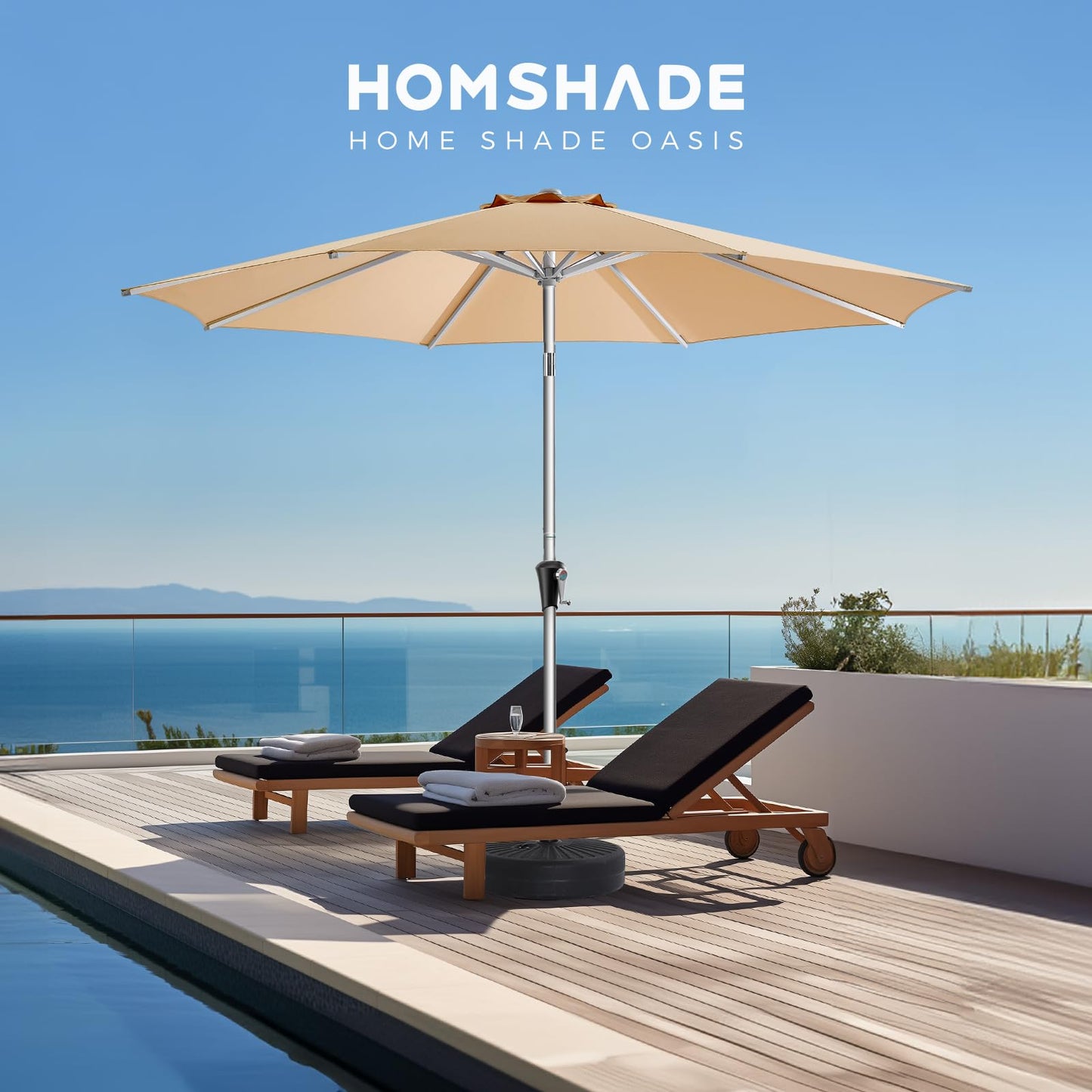 HOMSHADE 9ft Outdoor Patio Umbrella - Market Table Aluminum Umbrella, 5-Year Fade Resistant - UPF50+ UV Protection with Push Button Tilt, Crank for Pool Deck and Garden (Beige)