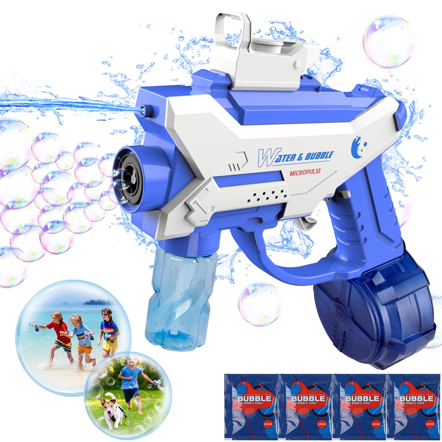 Bubble Gun Machine - Water Gun for Kids, 2 in 1 Electric Bubble Maker & Water Squirt with 4 Refill Solution & 550ml Water Tank for Toddlers 1-3 Gift