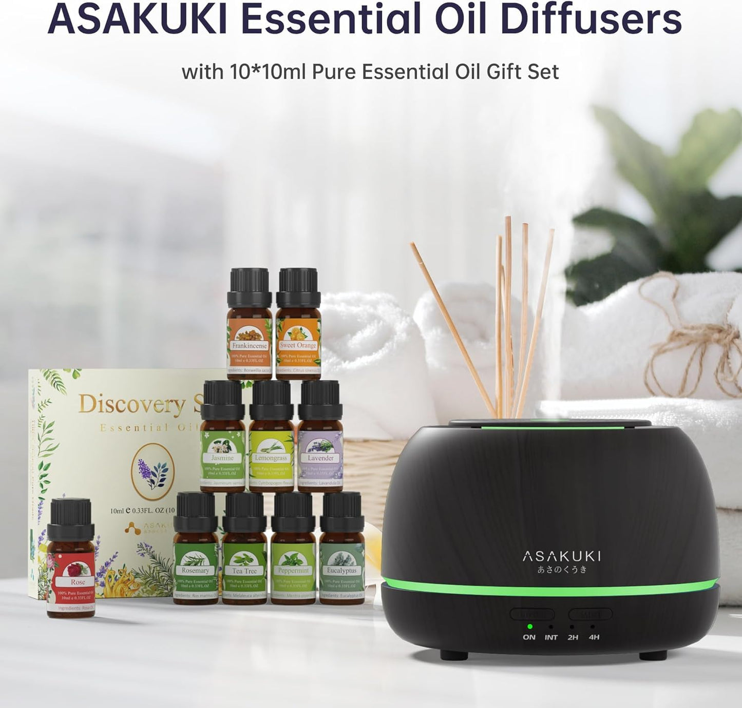 ASAKUKI Essential Oil Diffusers with 10Pcs*10ml Pure Essential Oil Gift Set, 5 in 1 Ultrasonic 300ML Aromatherapy Fragrant Oil Humidifier Vaporizer with Remote Control, Timer and Auto-Off-Black