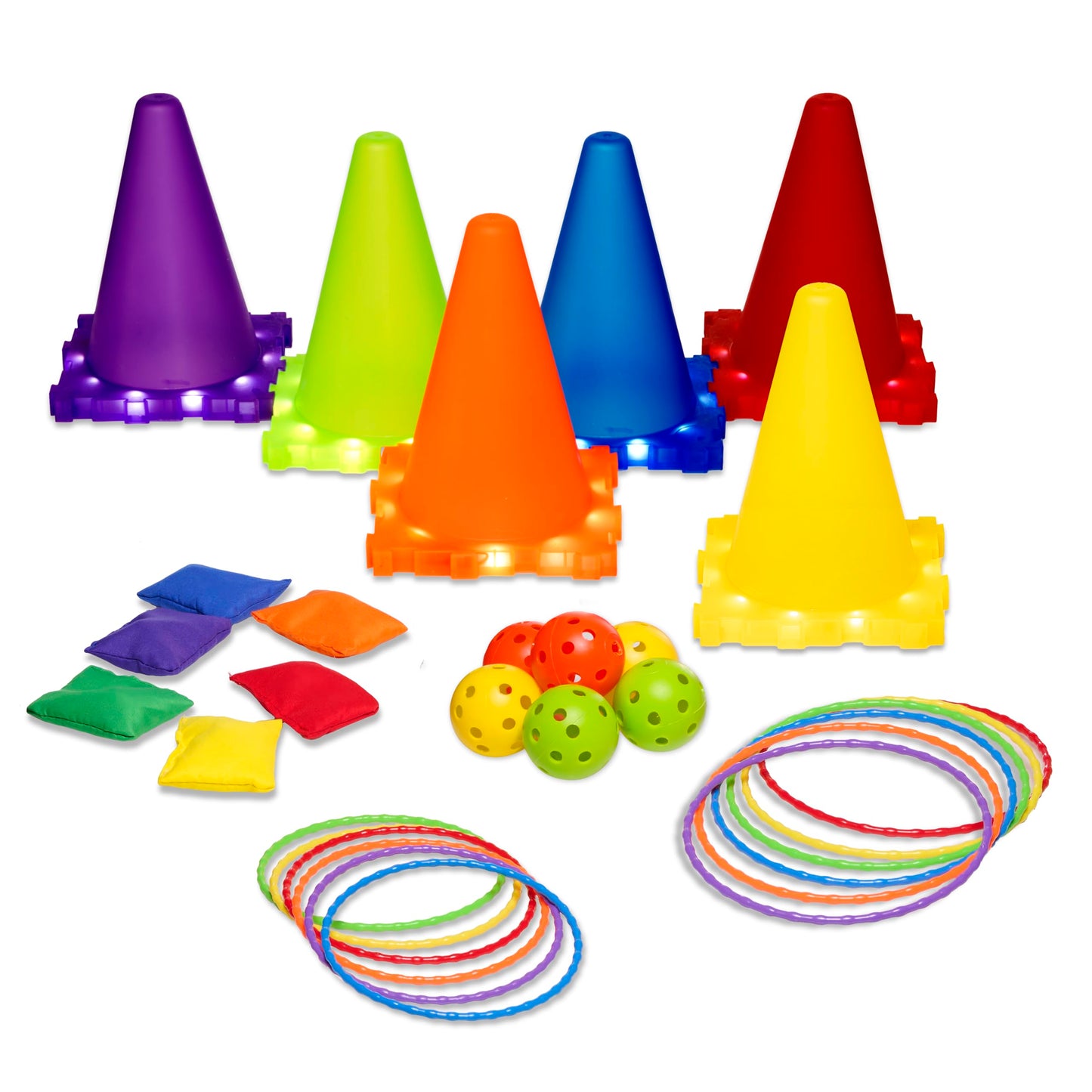 Carnival Outdoor and Indoor Games with LED Lights Combo Set for Kids 3 in 1 Throwing Game Toys Ring Toss, 30 Piece Cornhole Bean Bags, Plastic Cone Games, with LED Lights for Kids Night Play