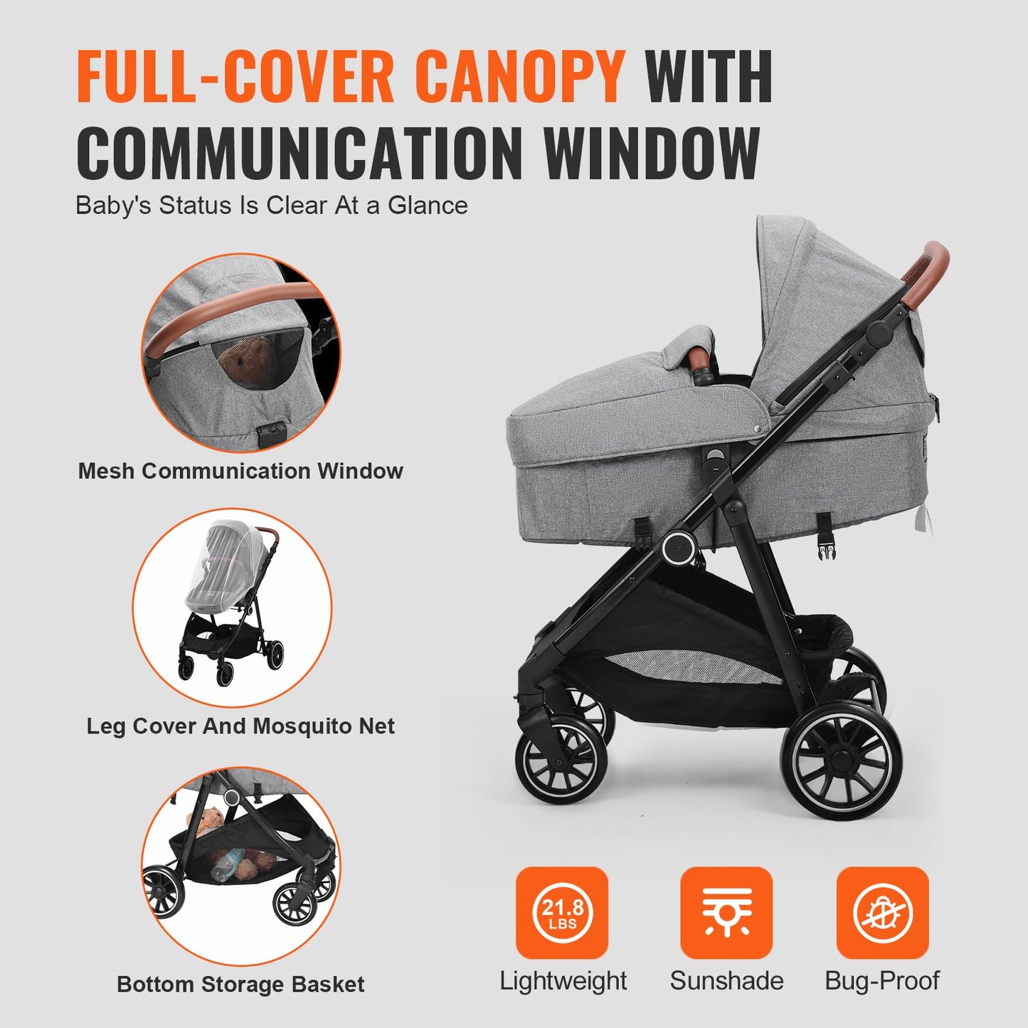 VEVOR Standard Baby Stroller, Infant Toddler Stroller with Bassinet, 3rd-Gear Adjustable Backrest & Foldable & Reversible Seat, Carbon Steel Newborn Stroller with Leg Cover and Mesh Net, Black