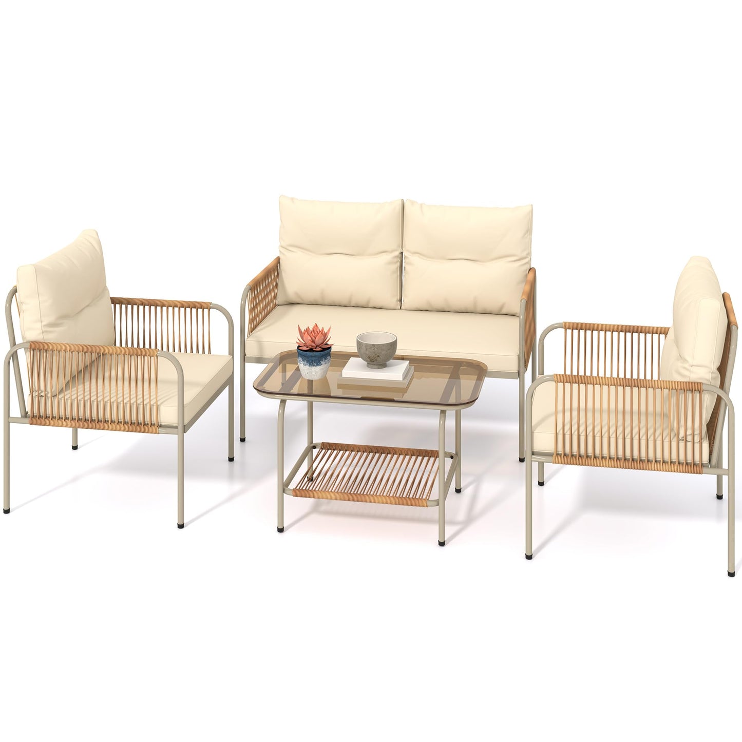 DWVO 4 Pieces Patio Furniture Set, Wicker Outdoor Conversation Set, All-Weather Rattan Bistro Set with Loveseat Set, Glass Side Table and Cushions for Backyard, Balcony, Deck - Beige