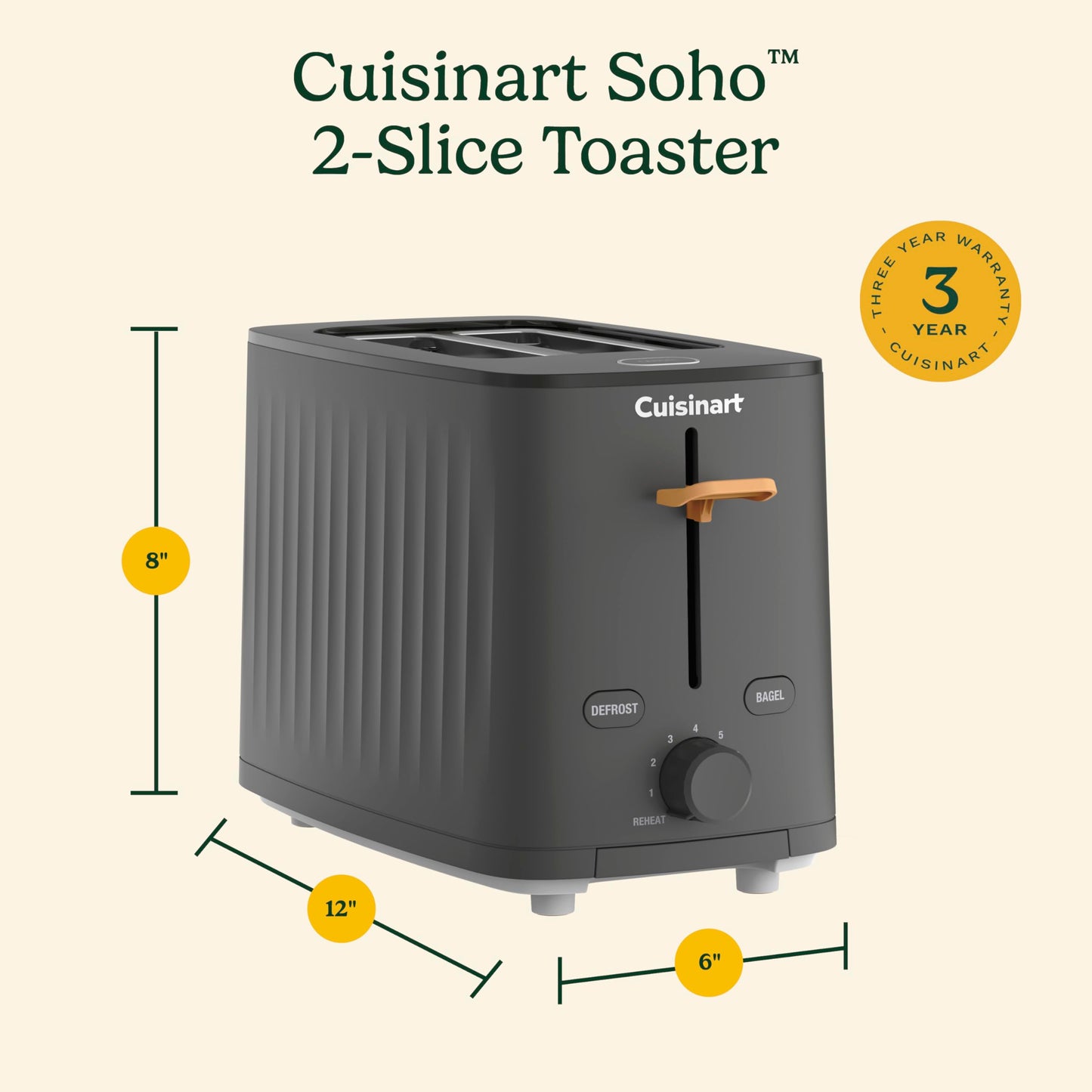 Cuisinart Soho™ Collection 2-Slice Toaster, 7 Toaster Setting, Defrost, Reheat, and Bagel Setting, Convenient Rear Cord Storage, Black, CPT-7BK
