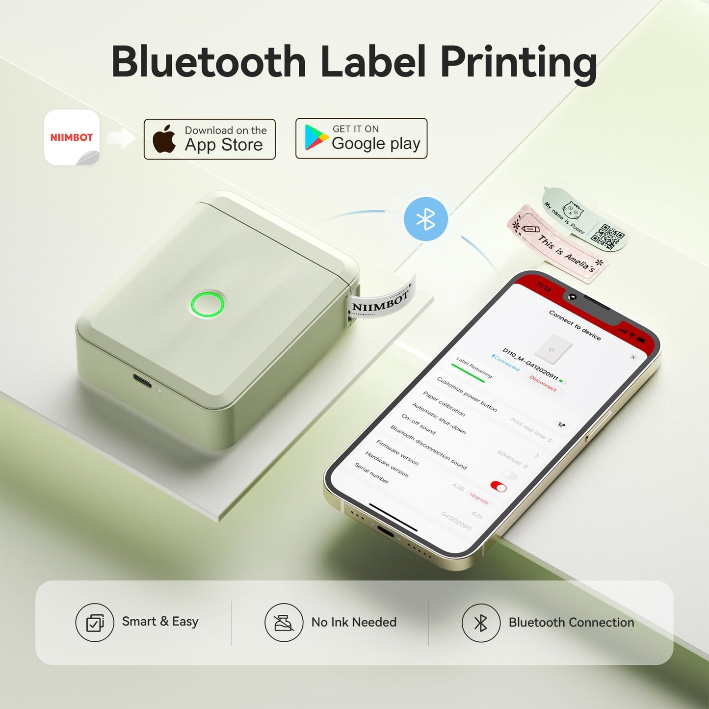 NIIMBOT Label Maker Machine Bluetooth Label Printer for School Home Office Organization, Wireless Mini Labeler D110 Upgraded Version, Label Machine with Label, Green