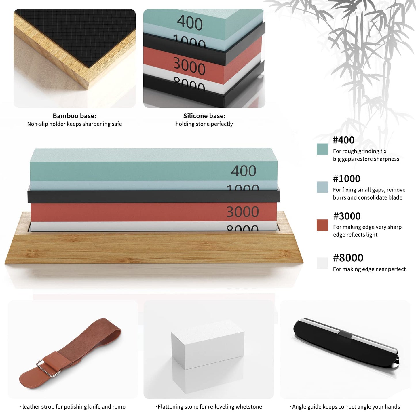 Whetstone Knife Sharpening Stone 4 Side Grit 400/1000 3000/8000 Waterstone, Whetstone Knife Sharpener, Sharpening Stone Whetstone Set with Bamboo Base, Flatting Stone, Angle Guide & Leather Strop