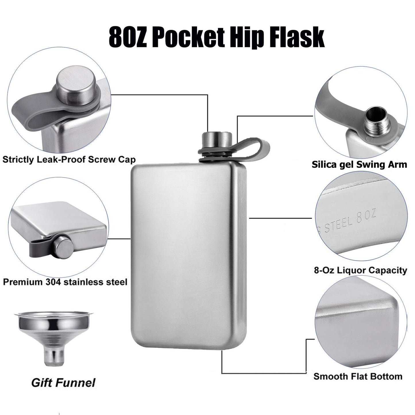 Hillside-Kit Hip Flask for Liquor 8 Oz Stainless Steel Leak proof with Funnel Flask set men flask women flask set (Silver Square)