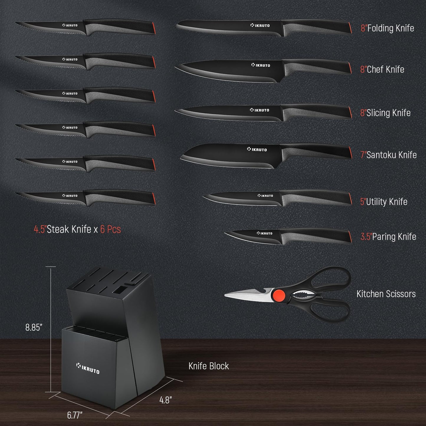IKRUTO 15-Piece Professional Kitchen Knife Set