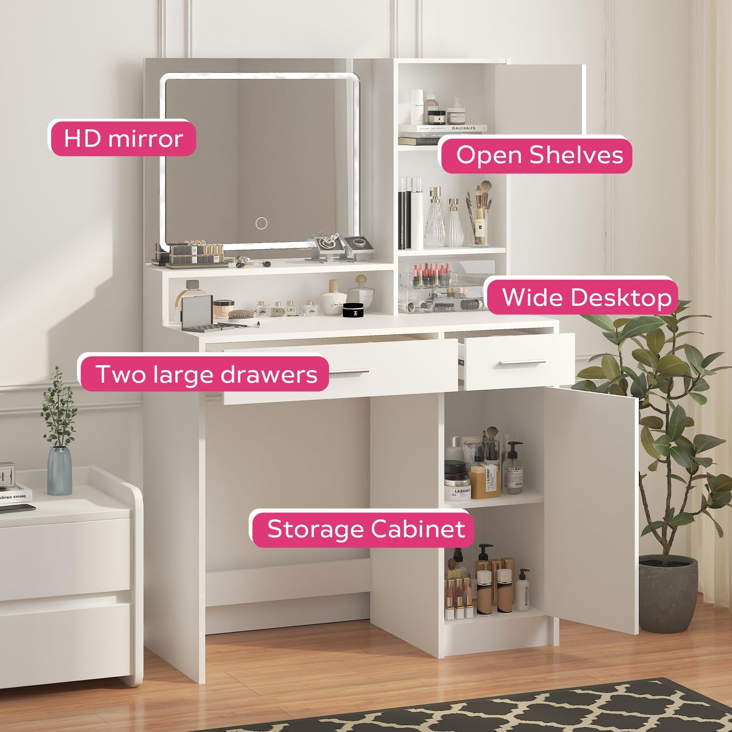 MIRROTOWEL Vanity Desk with Mirror and LED Light