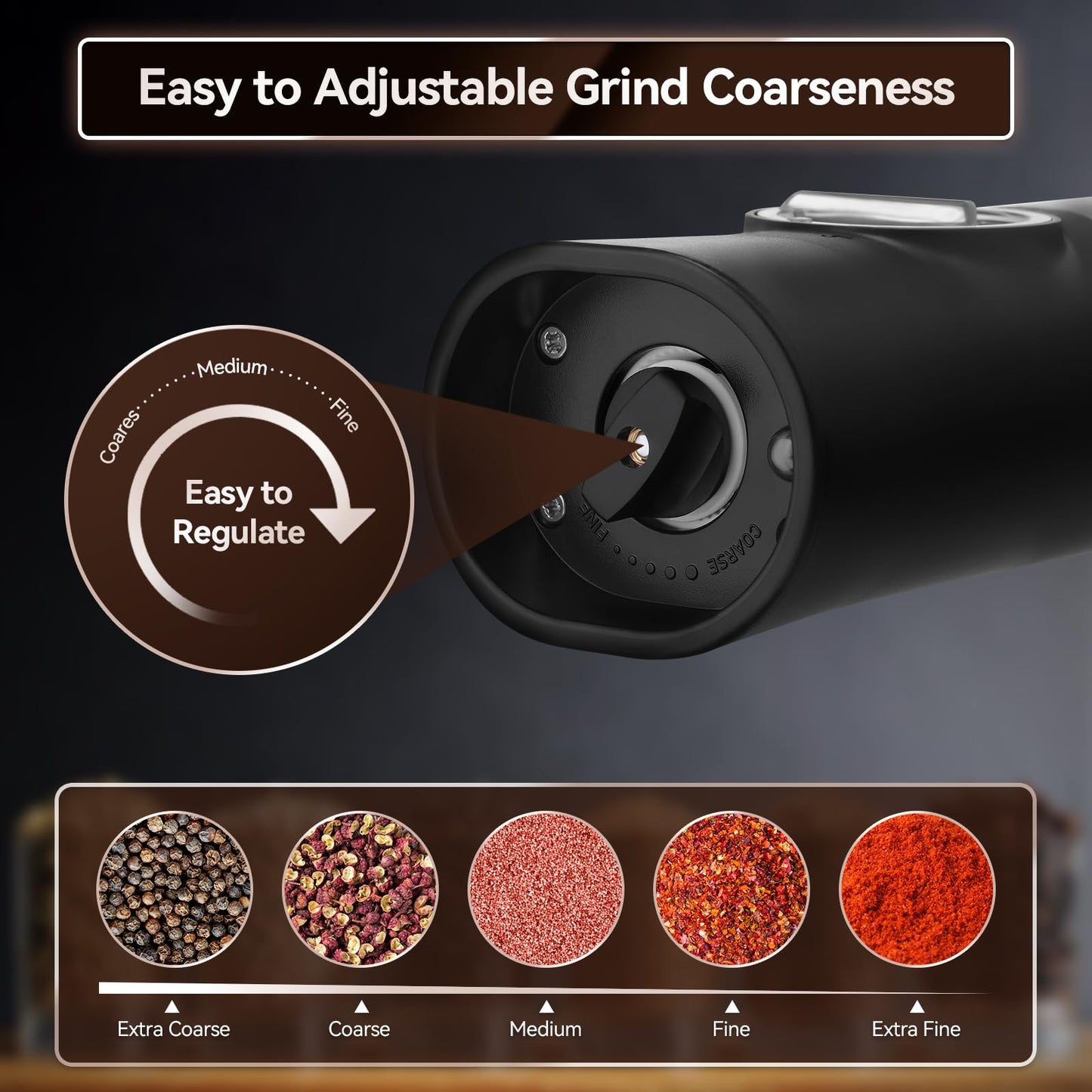 Electric Salt and Pepper Grinder Set, HOMCYTOP Gravity Automatic Salt & Pepper Mill Refillable with Rechargeable Base, USB Cables, 2 Adjustable Coarseness Mills, White LED Light, One Hand Operation