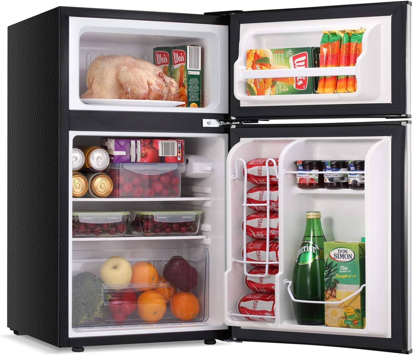 Antarctic Star Compact Mini Refrigerator Separate Freezer, Small Fridge Double 2-Door Adjustable Removable Retro Stainless Steel Shelves Garage Camper Basement/Dorm/Office 3.2 cu ft.Black