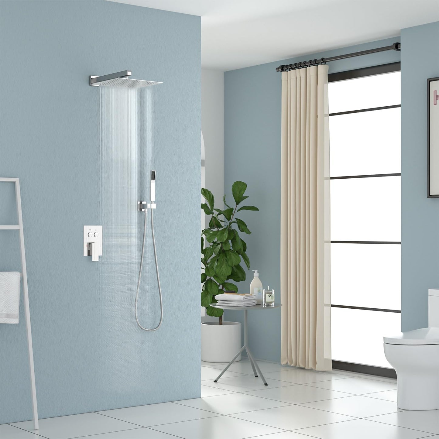 Lordear Shower System 12 Inch Shower Head,Shower Faucet Set Wall Mounted Chrome Finish Stainless Steel Shower Head and Handheld,Button Adjustment,Brass Main Body Shower Valve Included